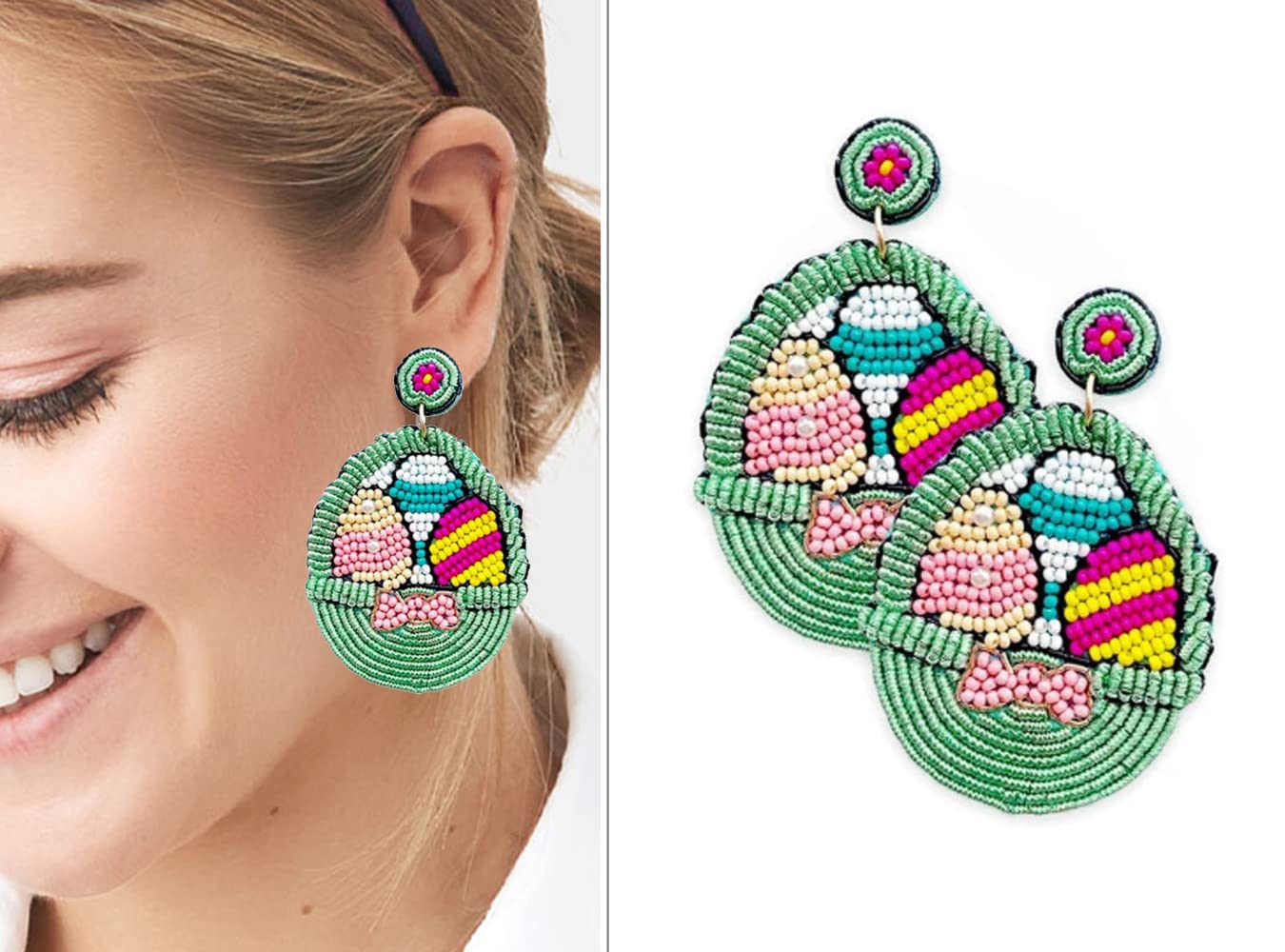 Easter Beaded Earrings with Basket & Eggs - Perfect for Easter Gifts