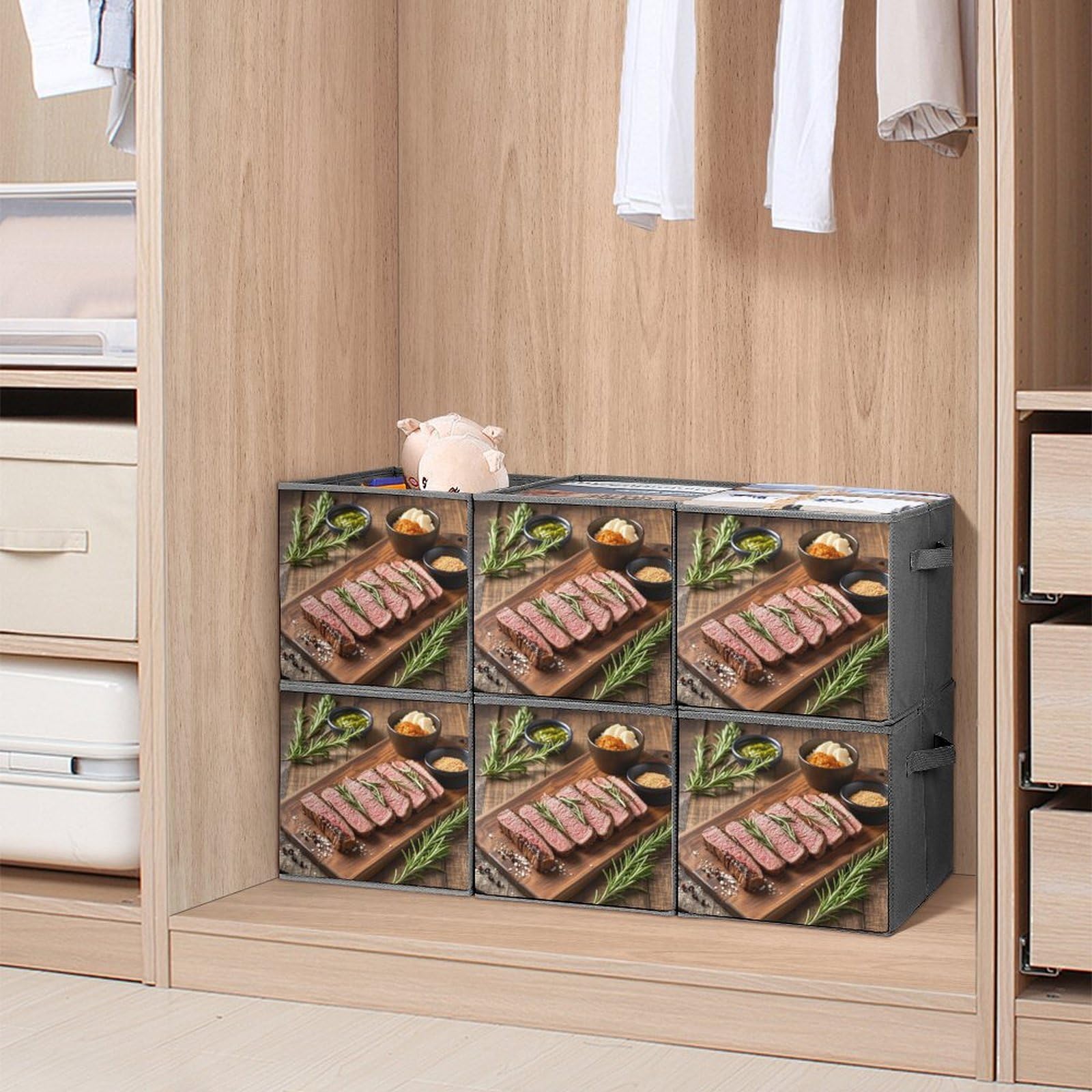 6-Pack Foldable Storage Bins with Handles - Large Capacity Rosemary & Steak Print Fabric Storage Boxes for Home, Office, Playroom Organization | Perfect for Toys, Books, Clothes & Household Items Storage