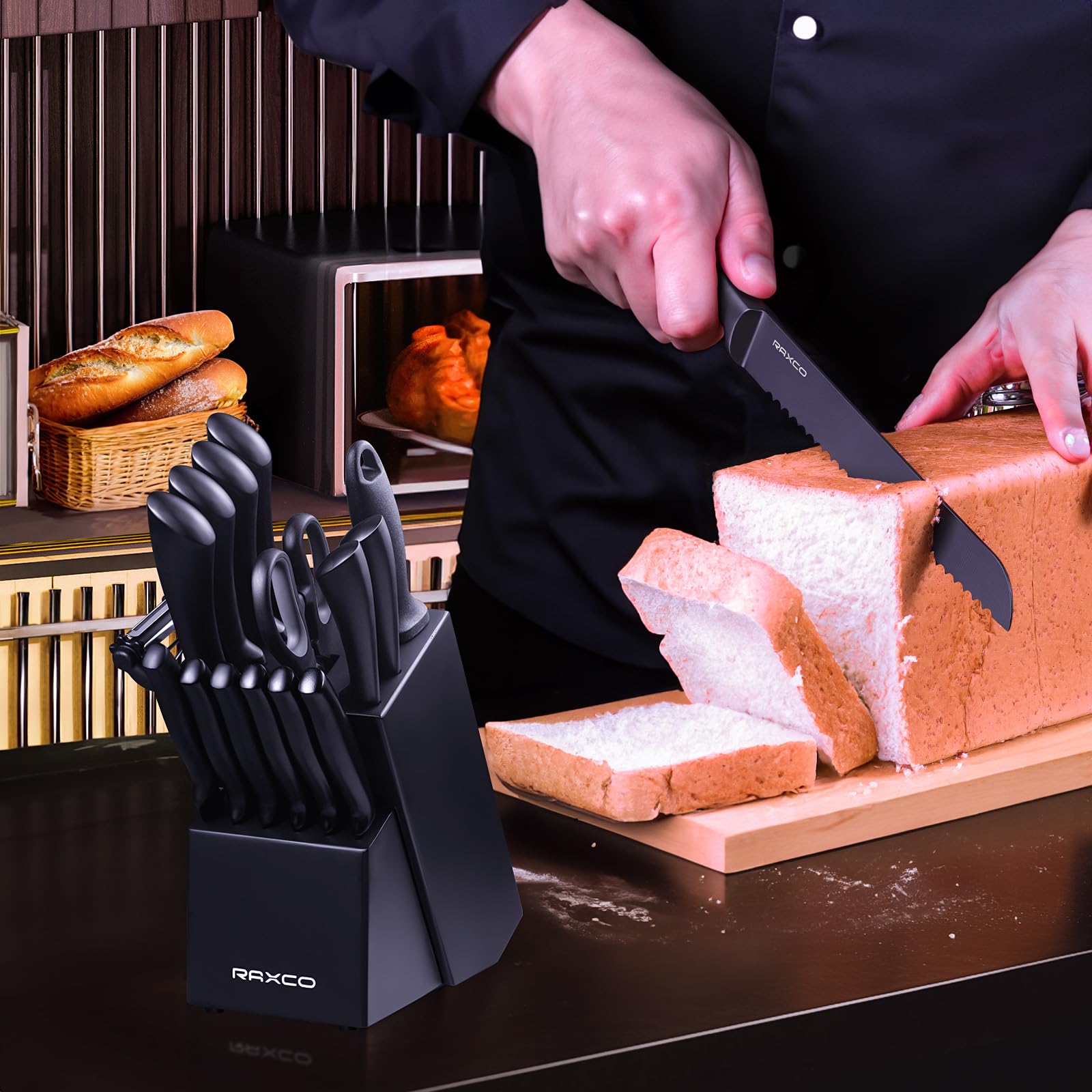 RAXCO 17-in-1 Premium Kitchen Knife Set with Wooden Block - Dishwasher Safe Stainless Steel Knives for Chopping, Slicing & Dicing - Perfect for Home Chefs & Cooking Enthusiasts