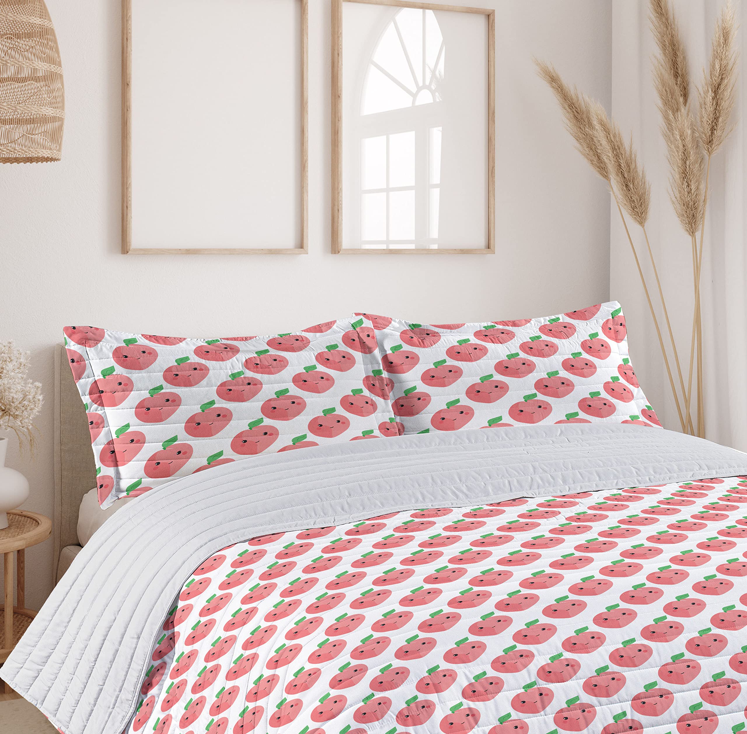 Ambesonne Peach Microfiber Bedspread Set - Kawaii Style Fruit Pattern with Smiling Faces, Soft Queen Size Comforter & Pillow Shams in Pastel Pink White Green - Perfect for Kids' Rooms, Dorm Decor & Anime Themed Bedrooms