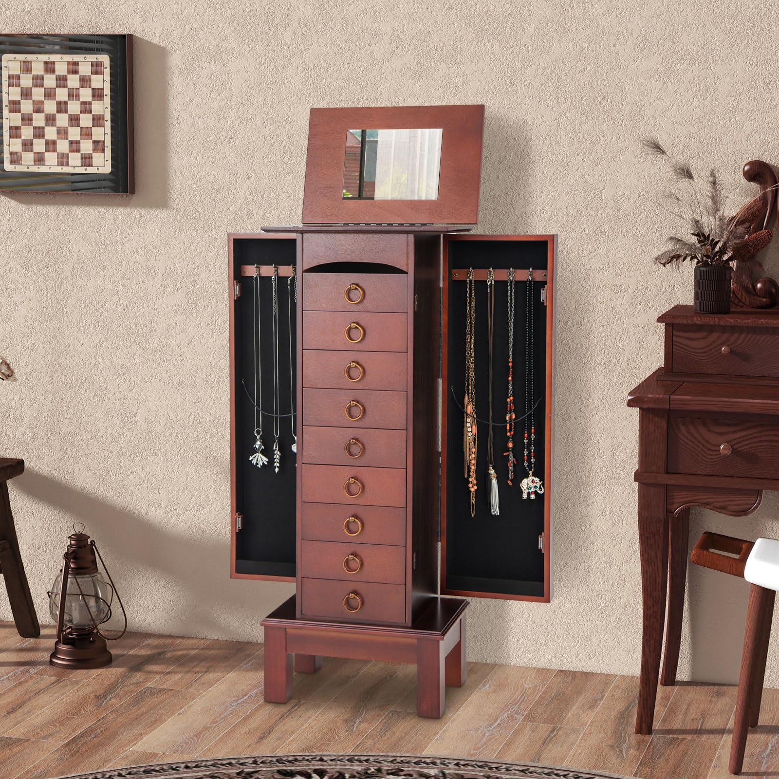 Giantex Large Jewelry Cabinet Armoire with 9 Drawers & 2 Doors - Standing Jewelry Organizer with Mirror, Necklace Hooks & Storage Compartments - Perfect for Bedroom, Closet & Dressing Room Organization