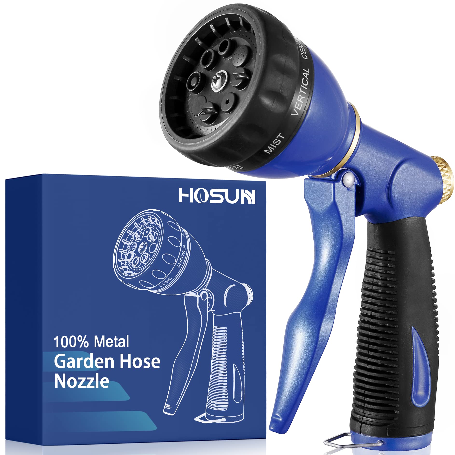 HOSUN Heavy Duty Metal Garden Hose Spray Nozzle - 8 Adjustable Spray Patterns, High Pressure Water Hose Nozzle for Plants, Lawn, Car Washing & Pet Bathing | Perfect for Gardening, Outdoor Cleaning & Household Use