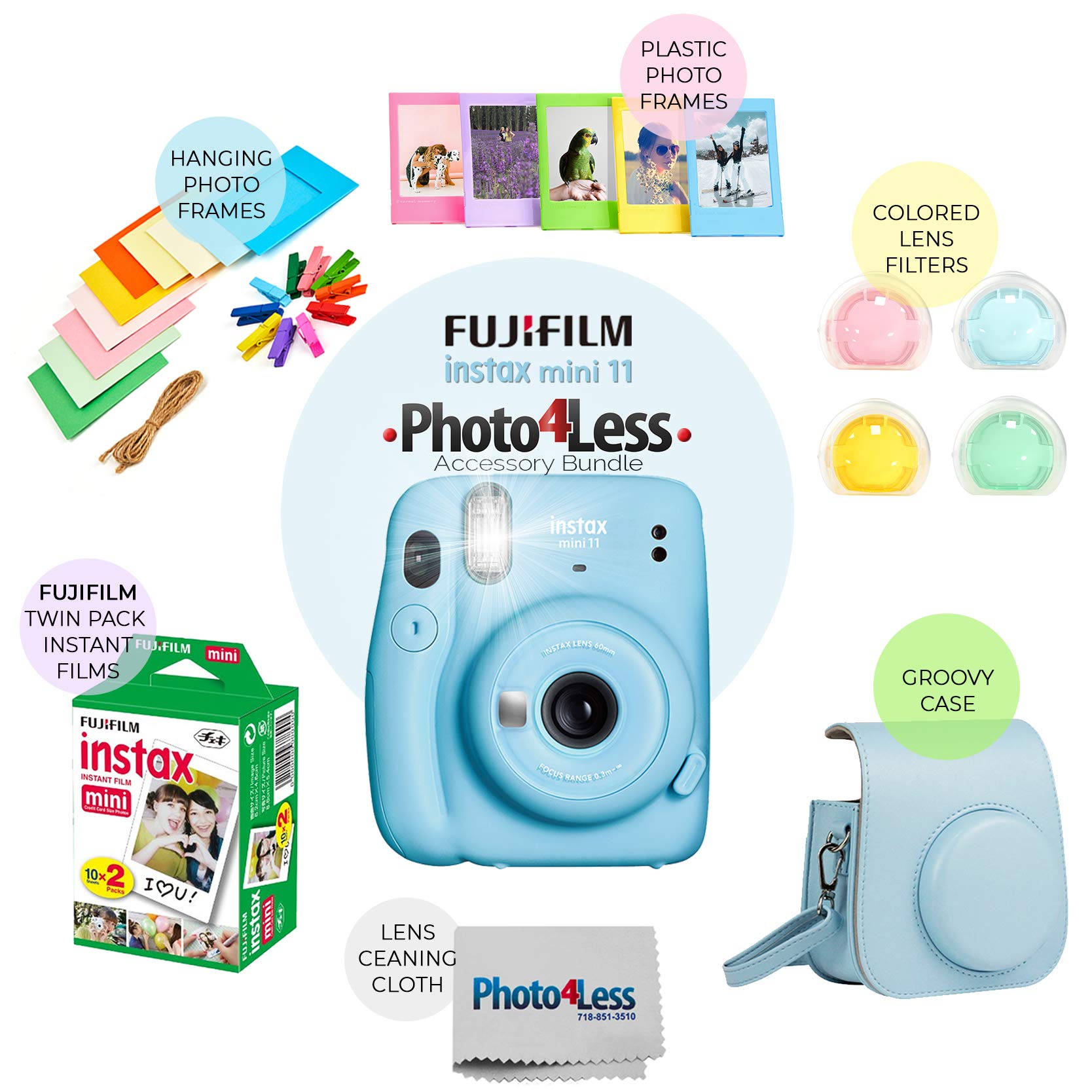Fujifilm Instax Mini 11 Instant Camera Bundle with Twin Pack Film, Hanging Frames, Plastic Frames, Case & Close-Up Filters - Sky Blue | Perfect for Travel, Parties, Weddings & DIY Photo Gifts