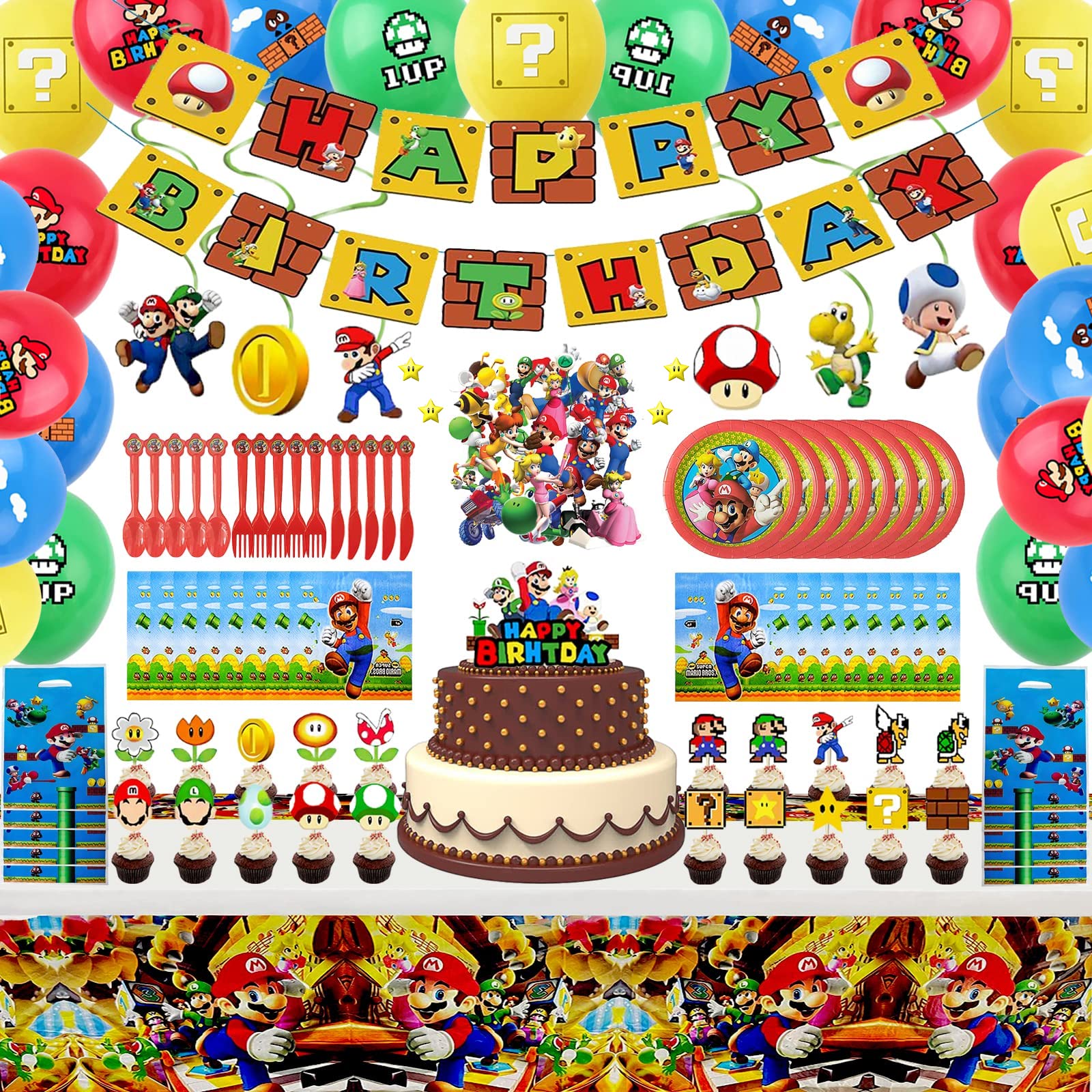 POREQ 177Pcs Super Mario Birthday Party Decorations Set - Includes Banner, Hanging Swirls & Cake Toppers for 10 Guests - Perfect for Kids Birthday Parties, Themed Events & Mario Bros Game Night Celebrations