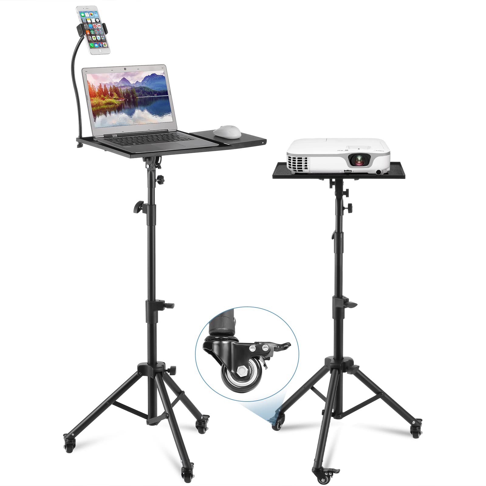 Adjustable Projector Stand & Laptop Tripod (1-1.6m) with Wheel Lock - Flexible Phone Stand, Rubber Bands & Soft Pads for Device Protection - Perfect for Stage, Studio, Home Theater & Office Presentations