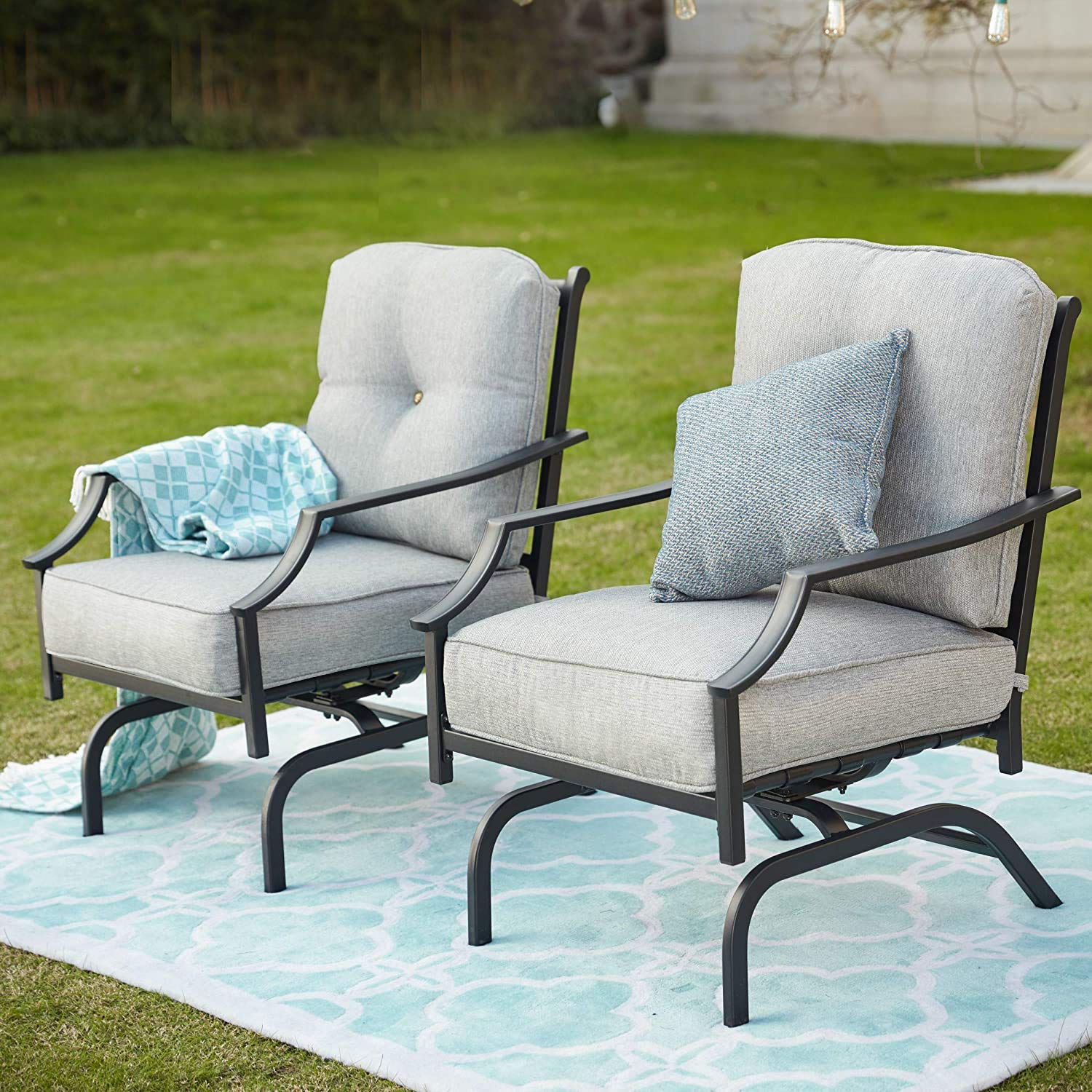 Premium Outdoor Rocking Chairs - Heavy Duty Metal Patio Furniture with Spring Motion & Padded Cushions - Black Bistro Dining Set for Garden, Balcony, Porch - Perfect for Relaxing, Entertaining & Outdoor Dining