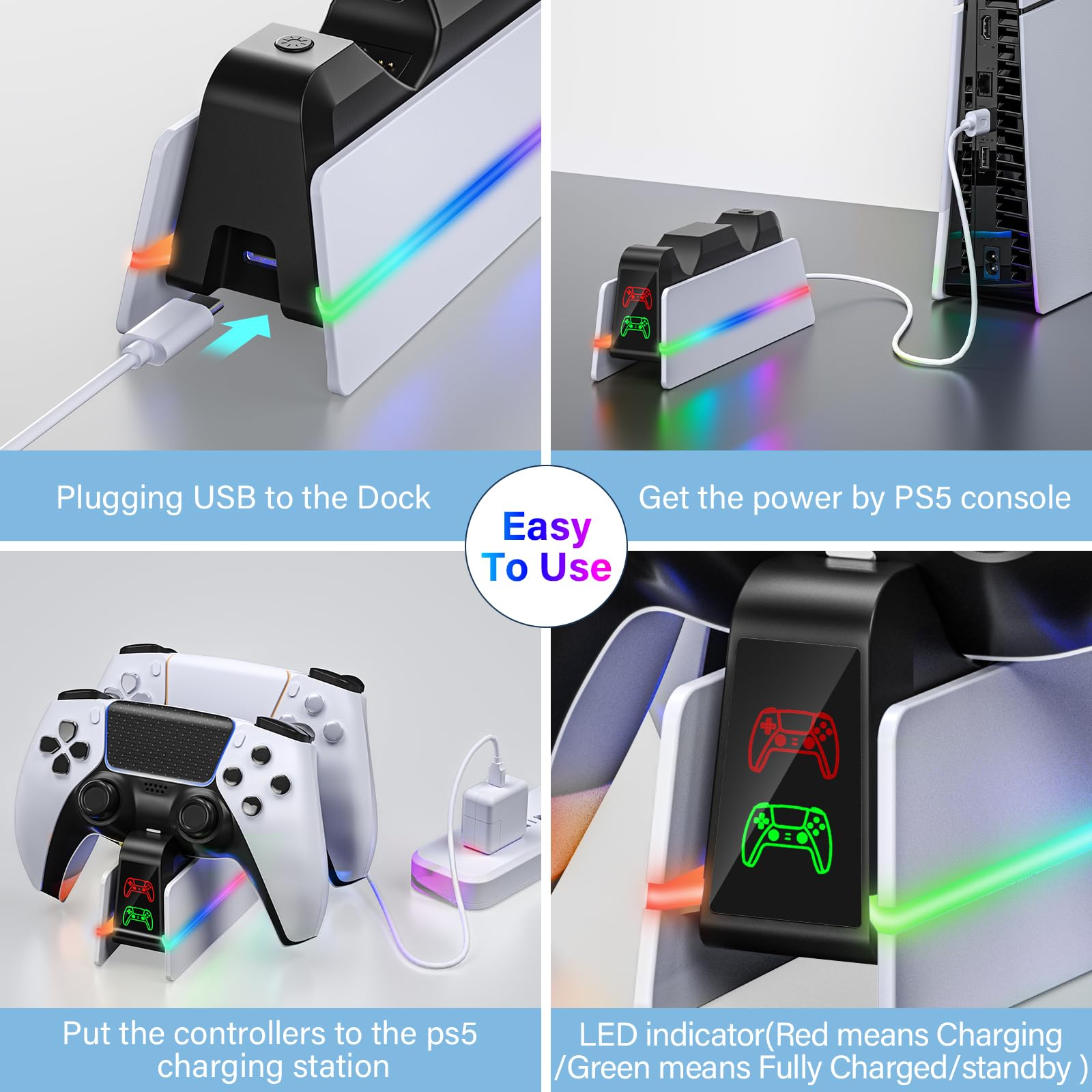 PS5 Controller Charger Station - Dualsense Charging Dock with RGB Lights for Gaming Setup