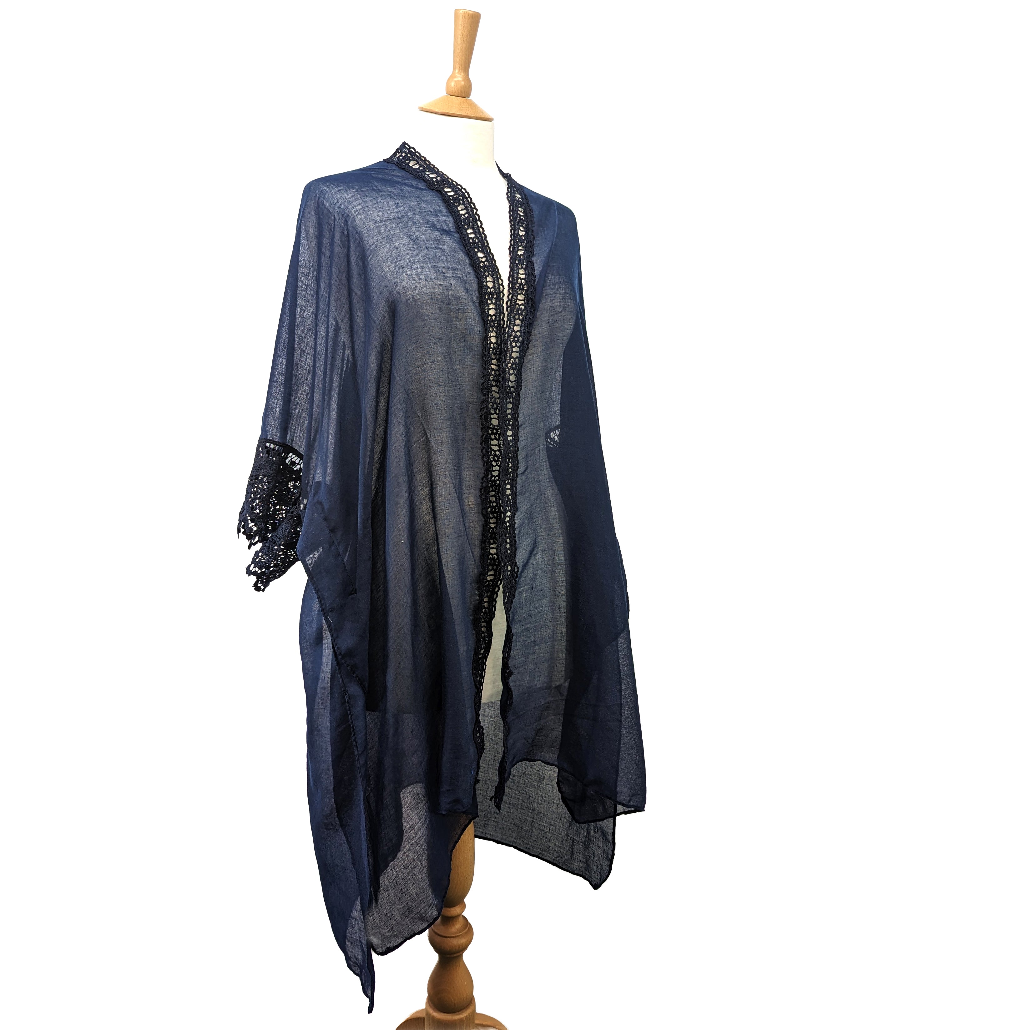 Elegant Navy Blue Sleeved Lace Kaftan Dress - 90x180cm Beach Cover Up for Women | Perfect for Summer Vacation, Pool Party & Boho Fashion