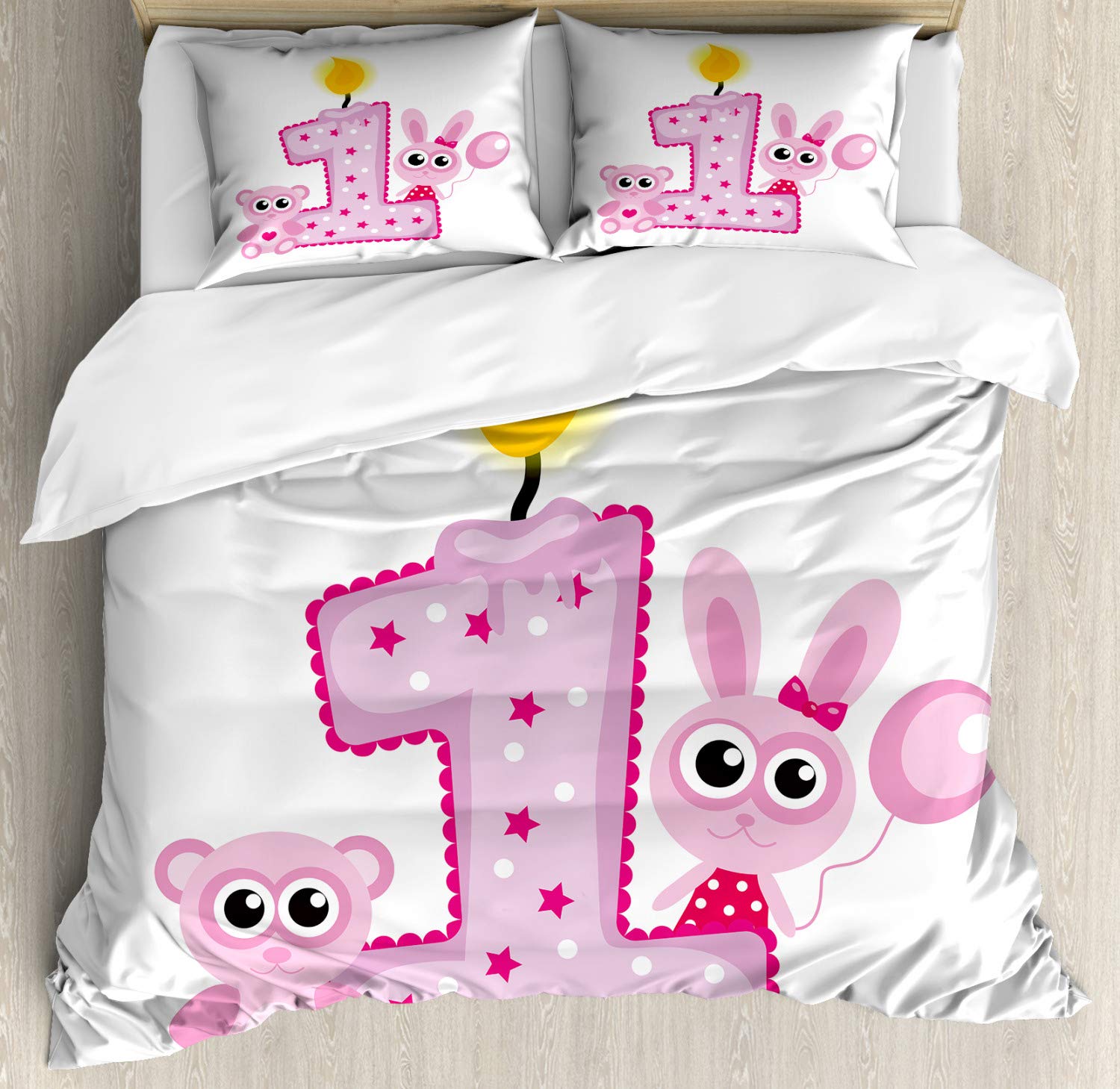 Ambesonne 1st Birthday Duvet Cover Set for Girls - First Candle Bunny Bear Animal Print 3-Piece Bedding Set with 2 Pillow Shams, California King Size in Hot Pink & Lilac - Perfect for Baby Girl's Nursery, Birthday Party Decor & Toddler Room Theme
