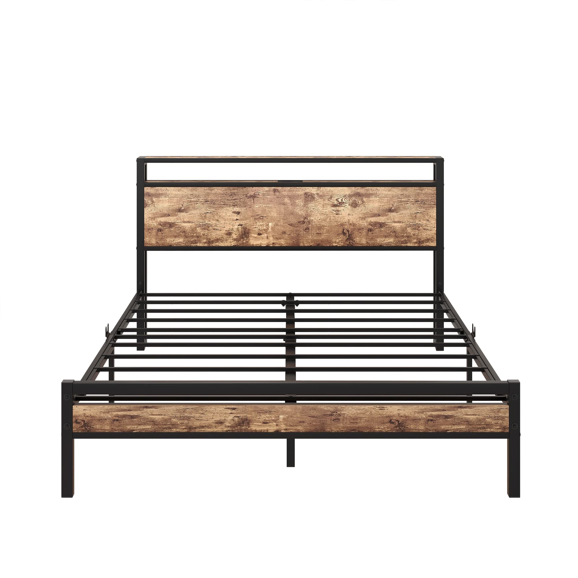 BOFENG Black Queen Size Bed Frame with 2-Tier Storage Headboard & USB Charging Station - Heavy Duty Platform Bed with Under Bed Storage - No Box Spring Needed - Noise Free & Rustic Brown Finish - Perfect for Small Bedrooms, Guest Rooms & Modern Apartments