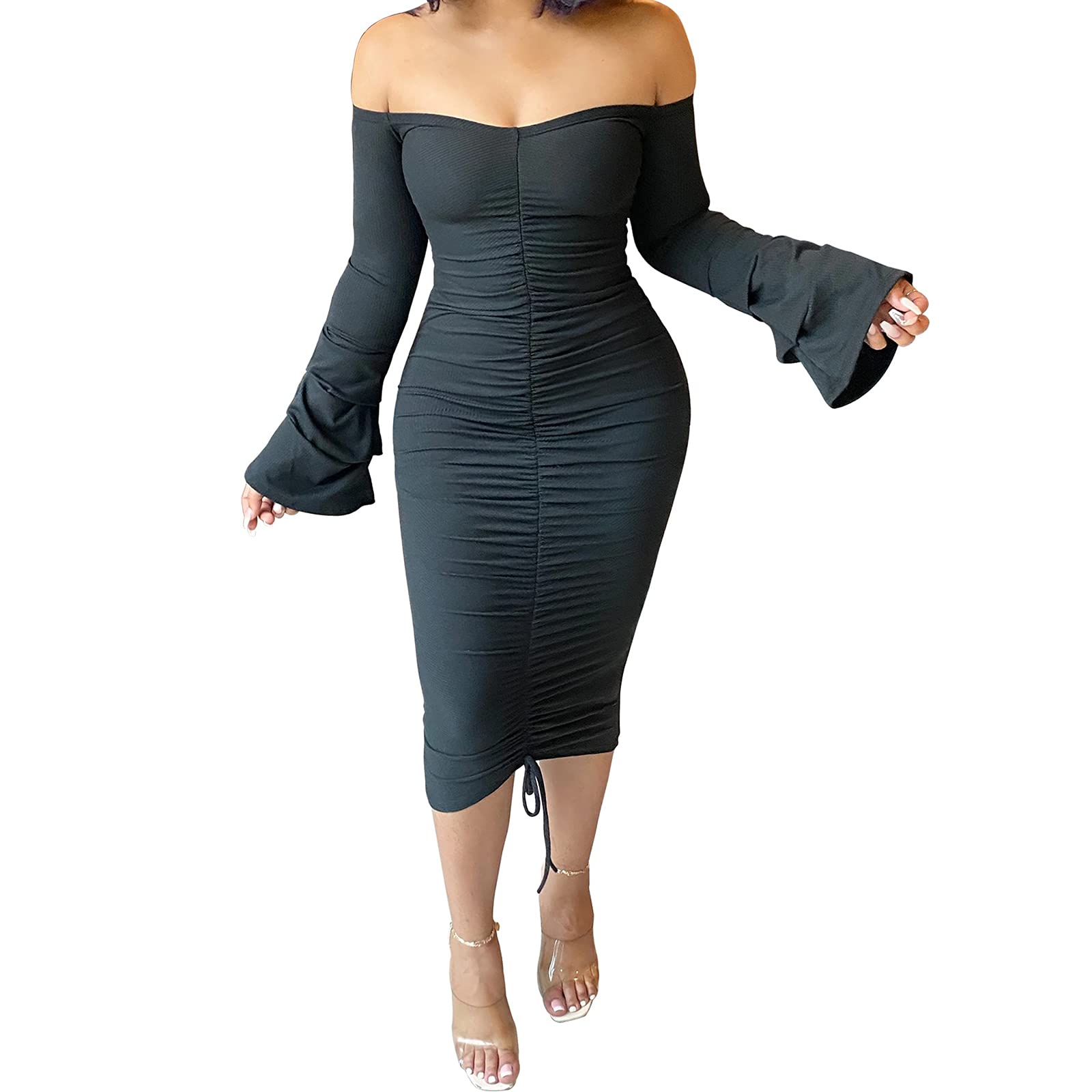 Women's Off Shoulder Flare Sleeve Bodycon Midi Dress - Elegant Ruched Boat Neck Clubwear in Solid Colors | Perfect for Night Out, Party, Date Night and Special Occasions