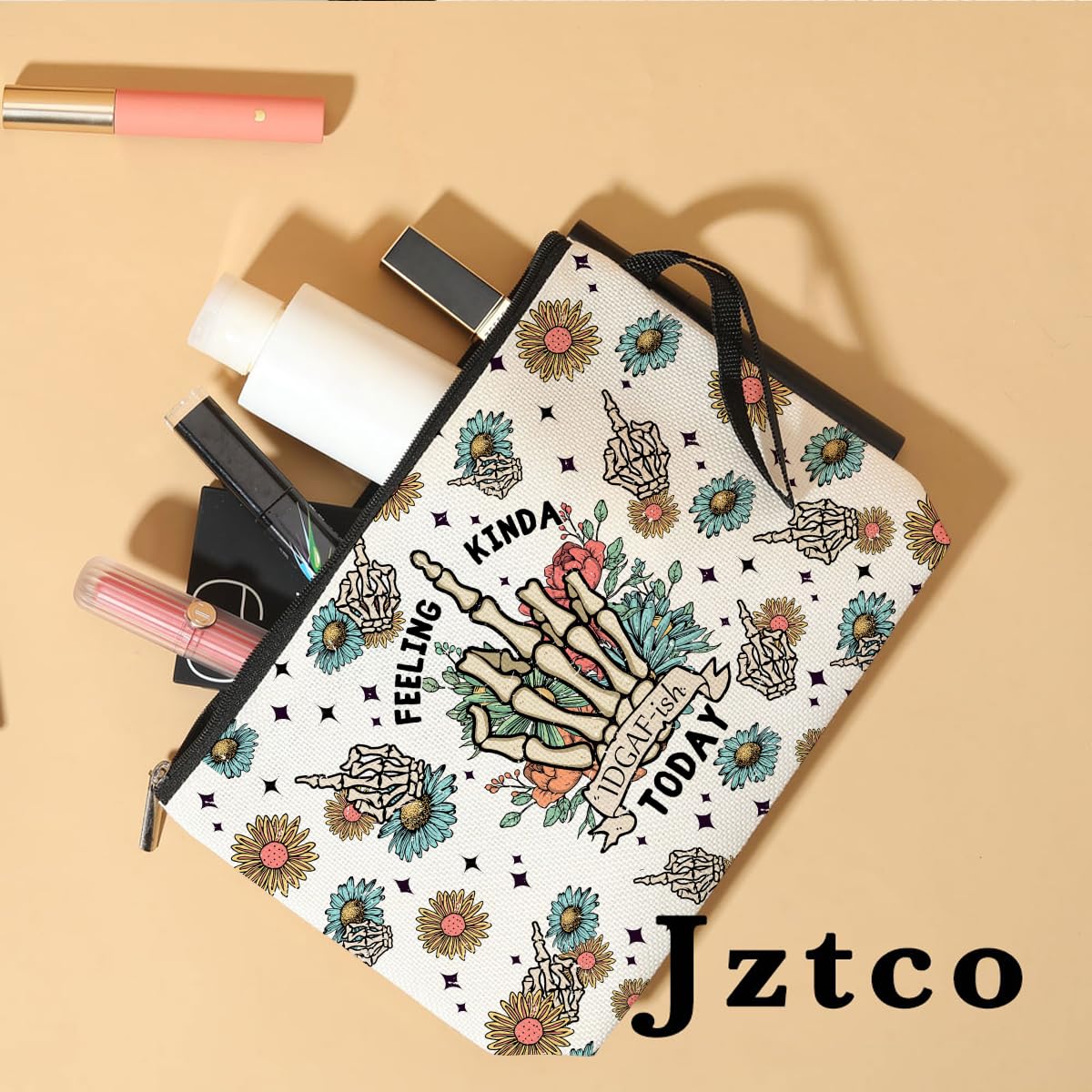 Jztco Funny Skull Makeup Bag - Skeleton Cosmetic Pouch for Women, Her, Mom, Wife, Best Friend, Daughter, Aunt, Niece - Humorous Toiletry Bag for Mother's Day, Graduation, Birthday Gifts - Floral Design - Perfect for Travel, Gym & Daily Makeup Storage