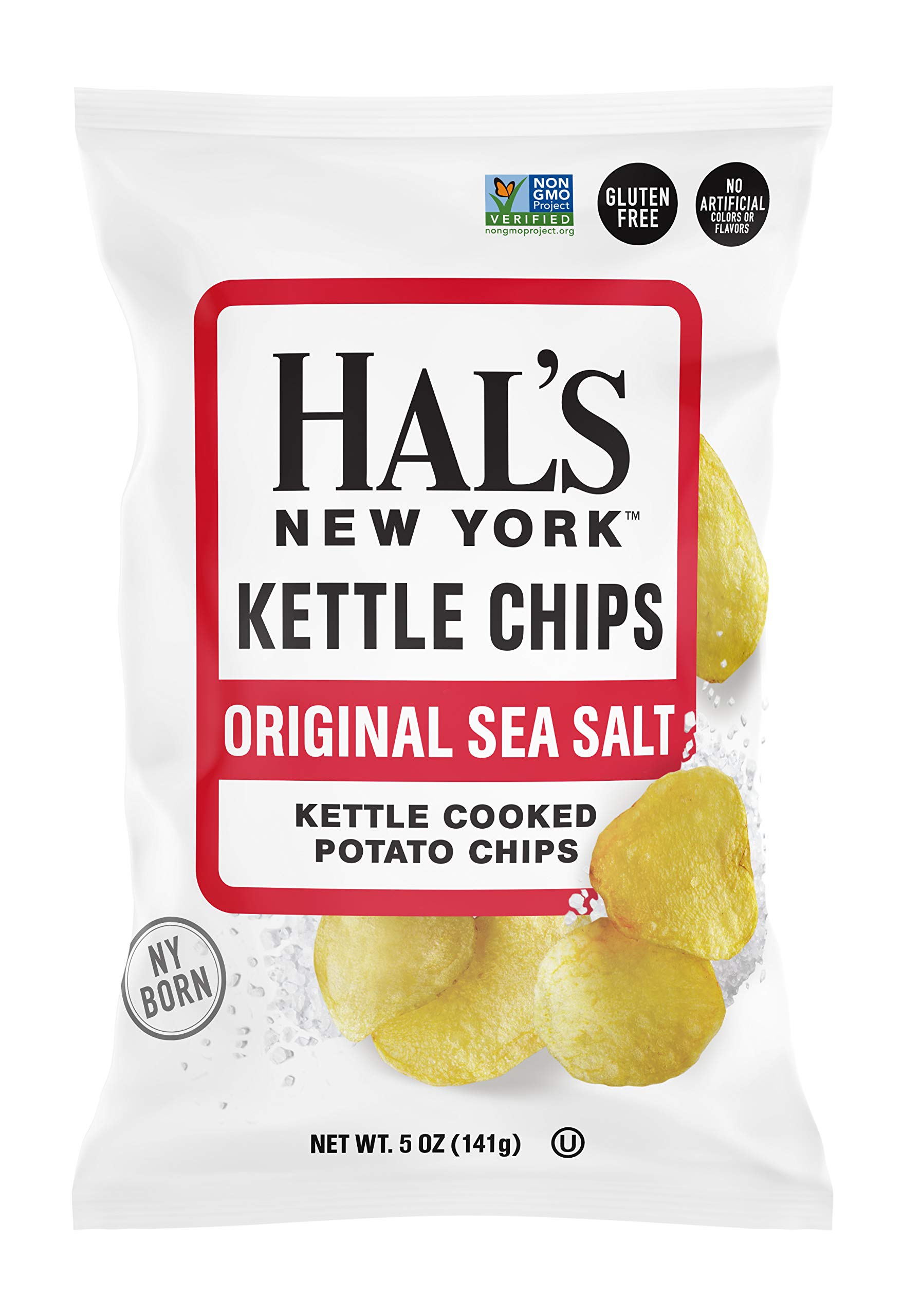 Hal's New York Kettle Cooked Potato Chips - Gluten Free, Sea Salt Flavor, 5 oz Bags (Pack of 6) | Crunchy Snack for Parties, Picnics & Lunchboxes | Healthy Gluten-Free Snacks for Kids & Adults