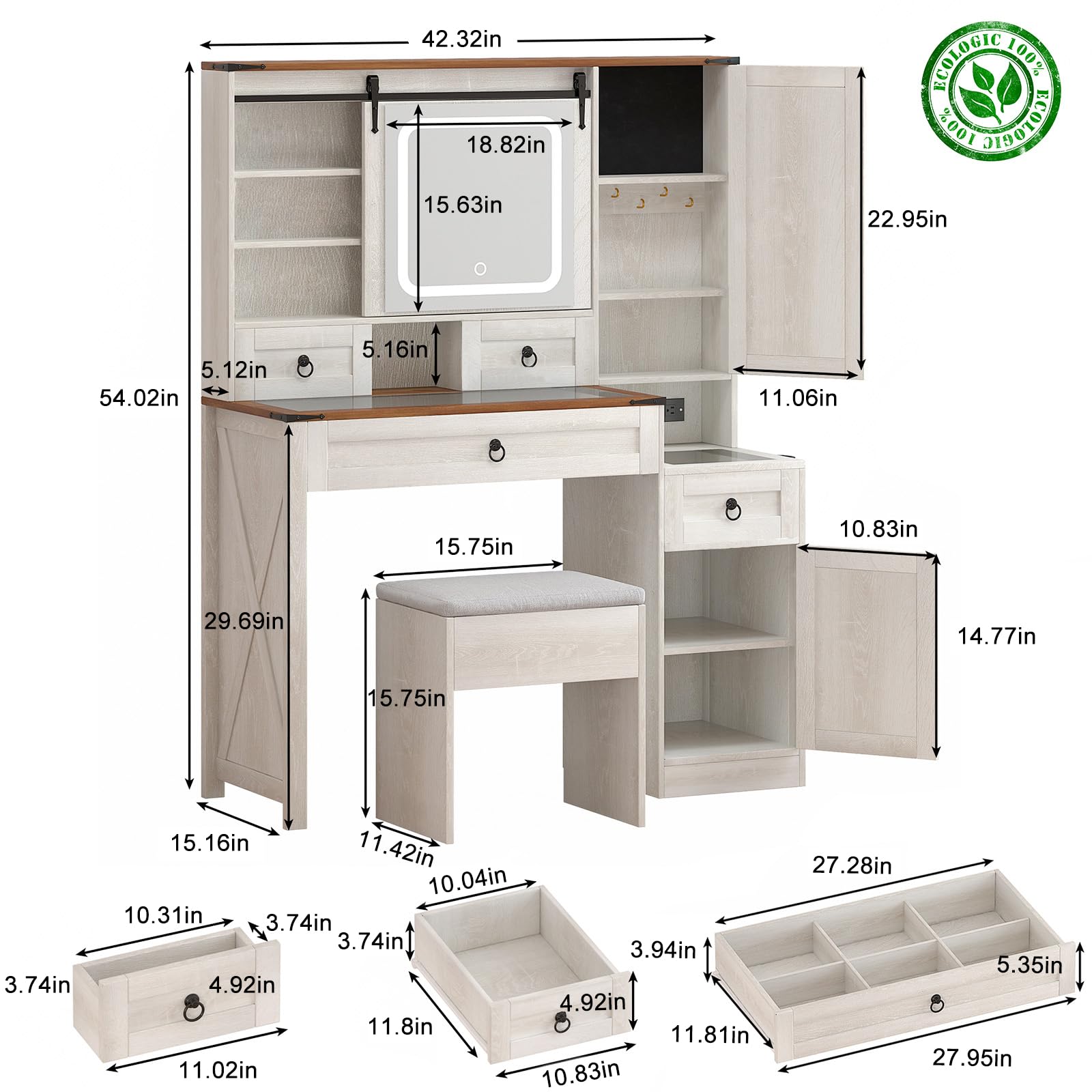 Farmhouse Makeup Vanity Desk with Sliding Mirror & LED Lights - 42