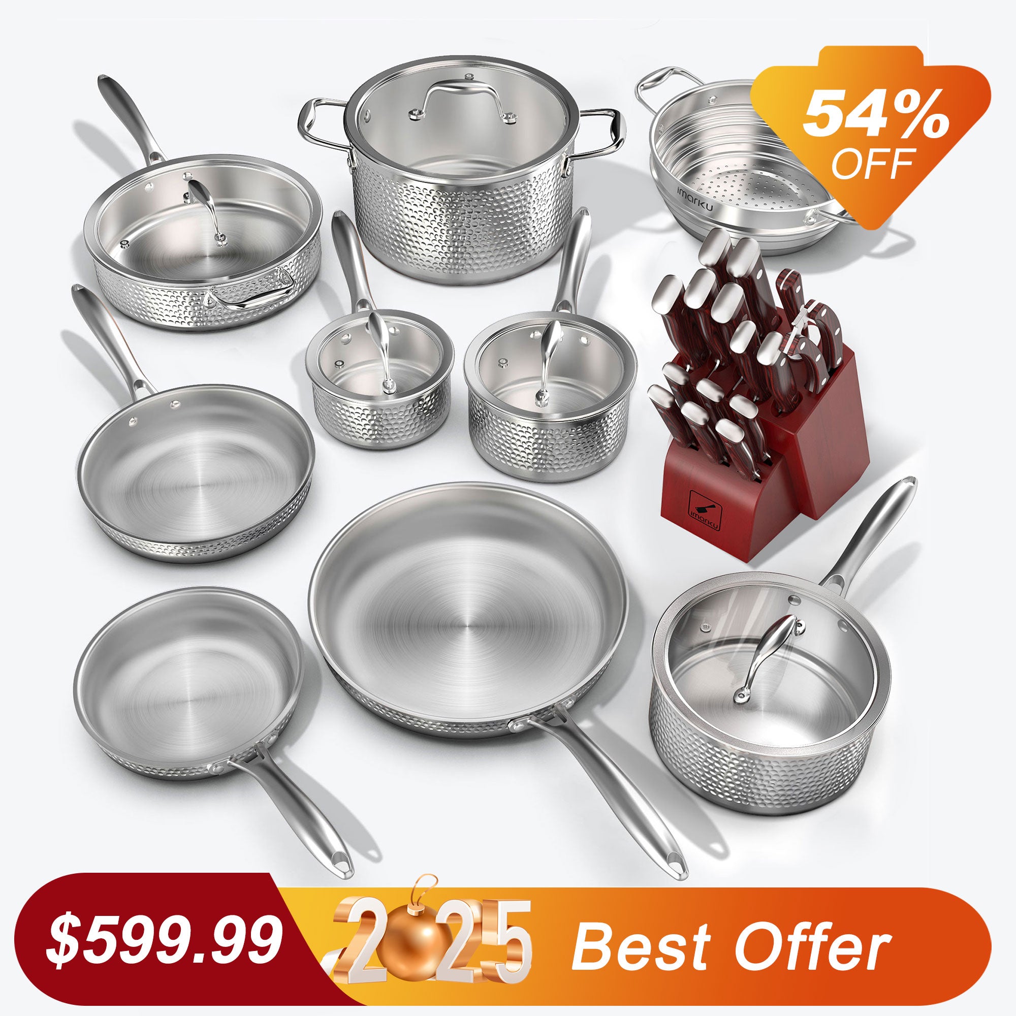 Premium Hammered Stainless Steel Cookware Set with Knives - 12-Piece Nonstick Kitchen Essentials for Cooking, Baking & Serving - Perfect for Home Chefs & Dinner Parties