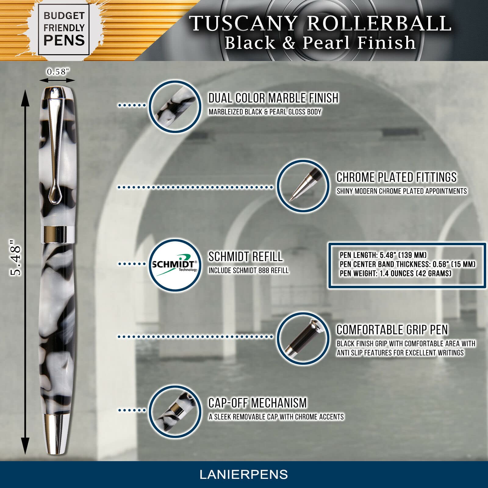 Premium Tuscany Rollerball Pen - Elegant Black & Pearl Marbleized Gloss Finish - Perfect for Office, Journaling & Gift Giving