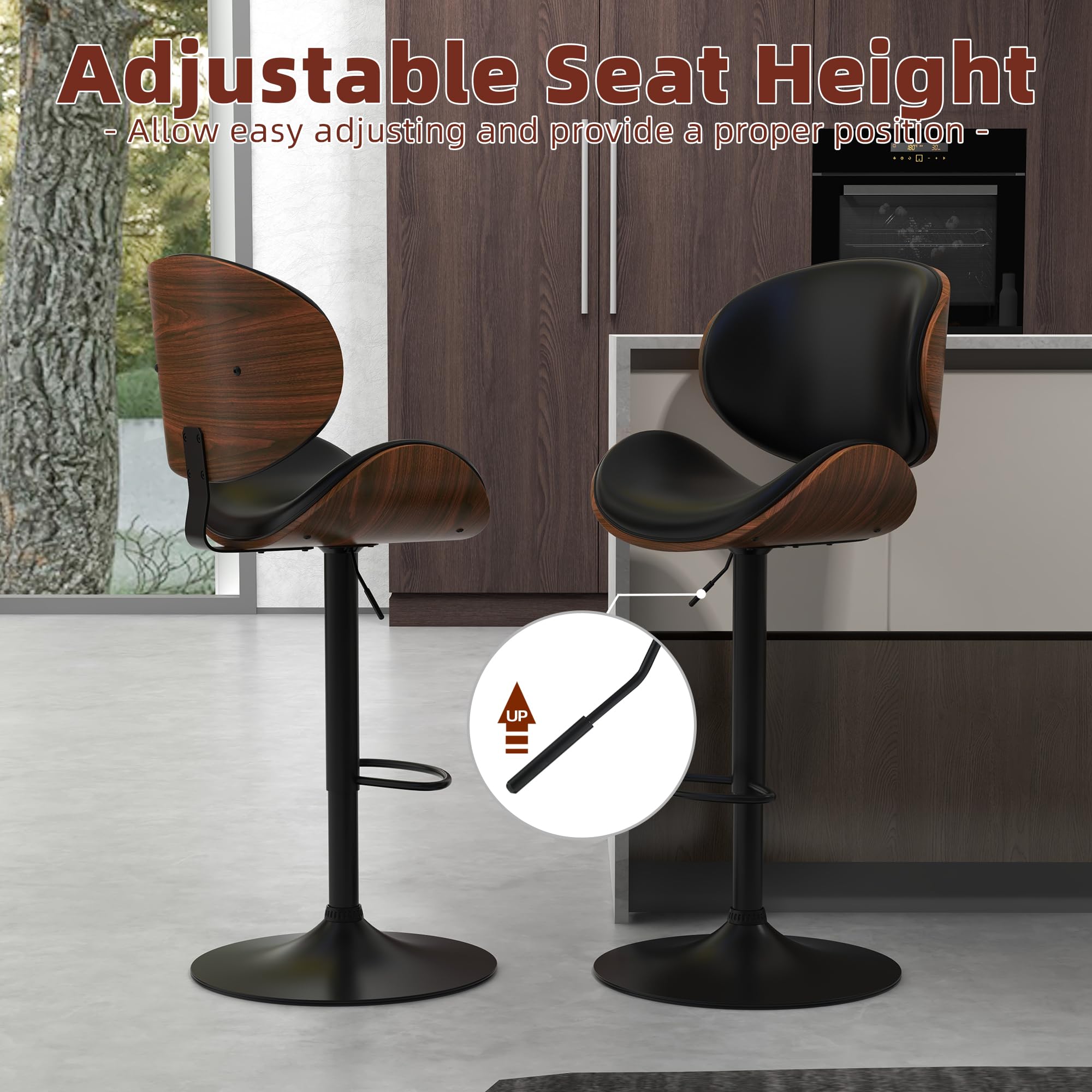 Civama 4-Piece Adjustable Swivel Bar Stool Set - Modern Kitchen Counter Height Stools with Bentwood Seat, Backrest & Footrest - PU Leather Bar Chairs for Kitchen Island, Dining Room, Restaurant & Home Bar Use