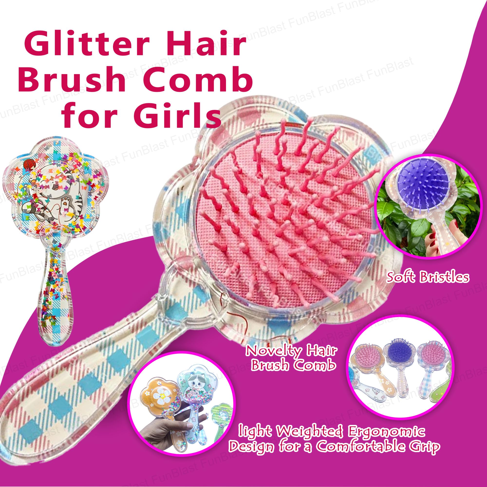 FunBlast Glitter Hair Brush Comb for Girls & Women - Flower Shaped Detangling Brush for Kids, Teens & Adults | Perfect for School, Parties & Daily Styling (Random Color)