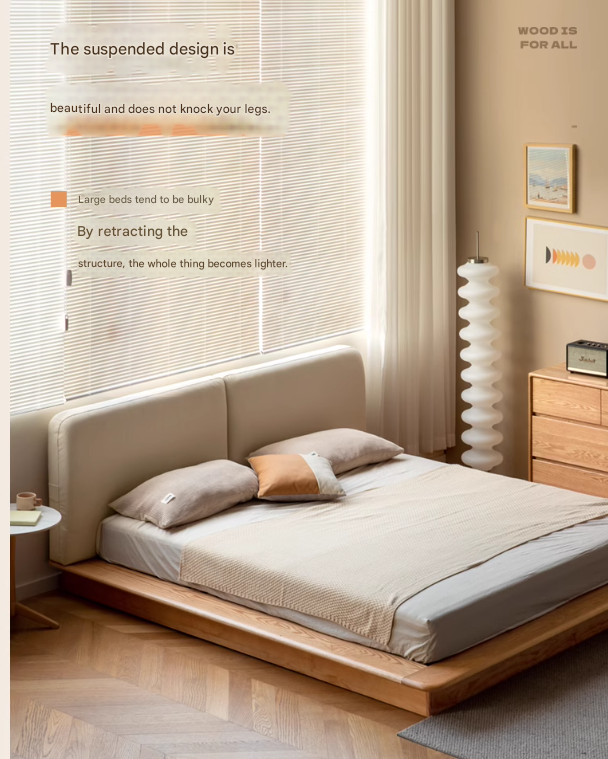 Solid Oak Wood Floating Platform Bed with Soft Fabric Headboard - Modern Technology Bed Frame for Bedroom, Living Room, or Guest Room