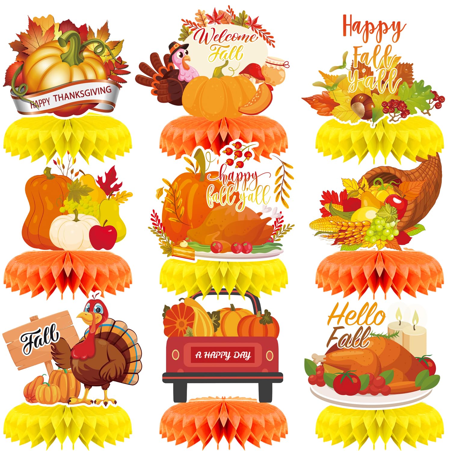 9Pcs Fall Table Centerpiece Decor Set - Thanksgiving Turkey & Pumpkin Honeycomb Decorations for Autumn Parties, Birthday, and Holiday Table Decor | Perfect for Thanksgiving Dinner, Harvest Festival, and Seasonal Home Decor