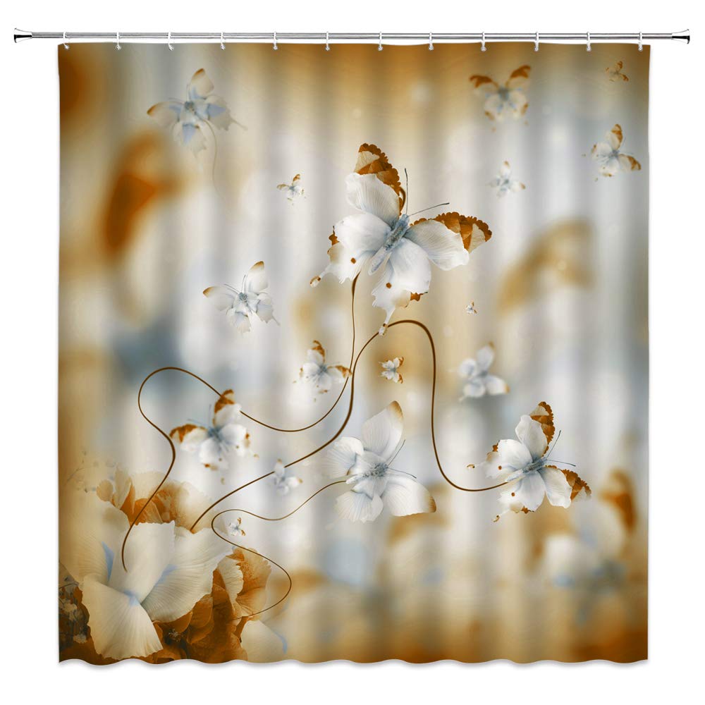LIVEFUN Butterfly Flower Shower Curtain - Irises Floral Spring Design with Monarch Butterflies, Dreamy Fantasy Fabric Bathroom Decor with Hooks (Orange & White) - Perfect for Spa, Bathroom, and Home Decor