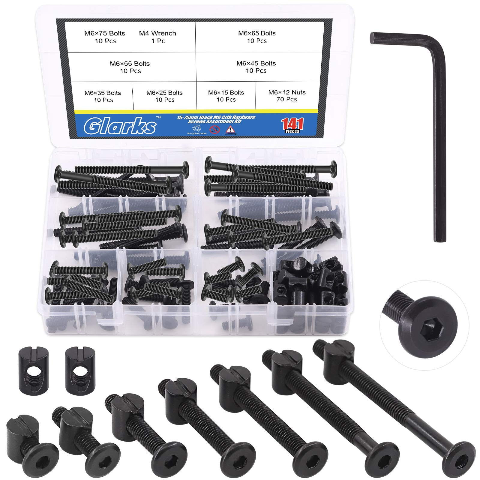 Glarks 141Pcs Baby Crib Screw Kit - M6 Hex Socket Cap Screws & Nuts for Furniture Repair