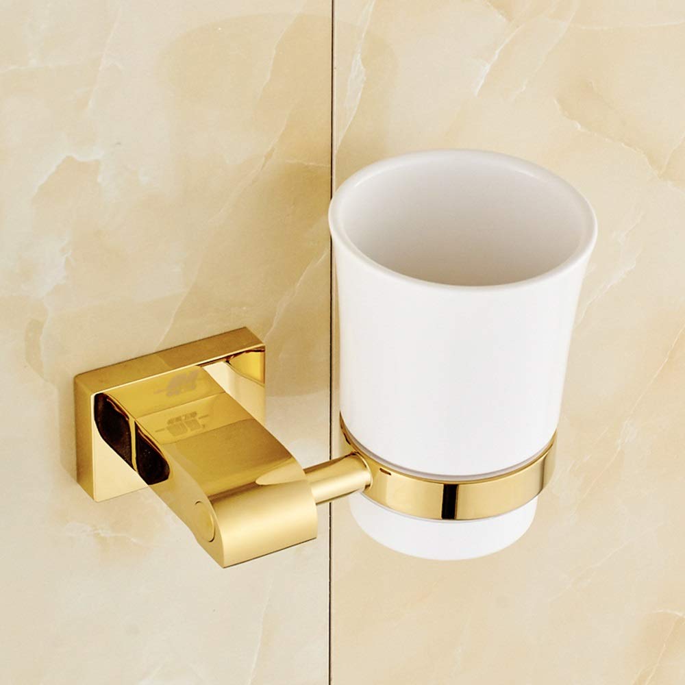 Antique Gold Polish Brass Toothbrush Holder - Copper Wall Mounted Bathroom Organizer with Porcelain Cup | Vintage Bathroom Decor for Home & Hotel Use
