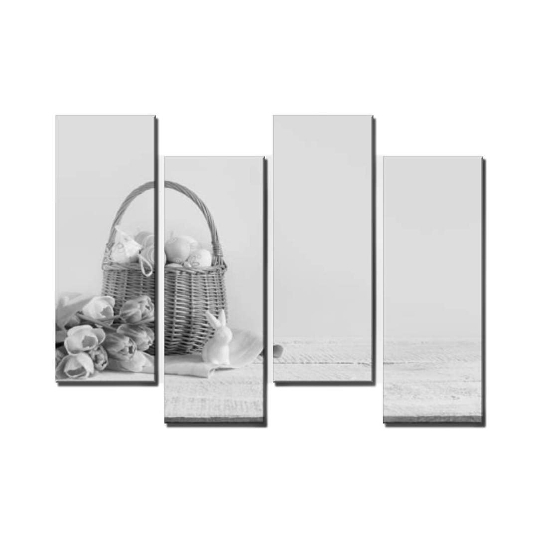 Black and White Canvas Wall Art Set of 4 Panels - Framed Ready to Hang Easter Decor with Wicker Basket, Painted Eggs & Pink Tulips on Blue Background - Perfect for Living Room, Bathroom, Kitchen & Office Decoration | Spring Home Decor & Holiday Gift Idea