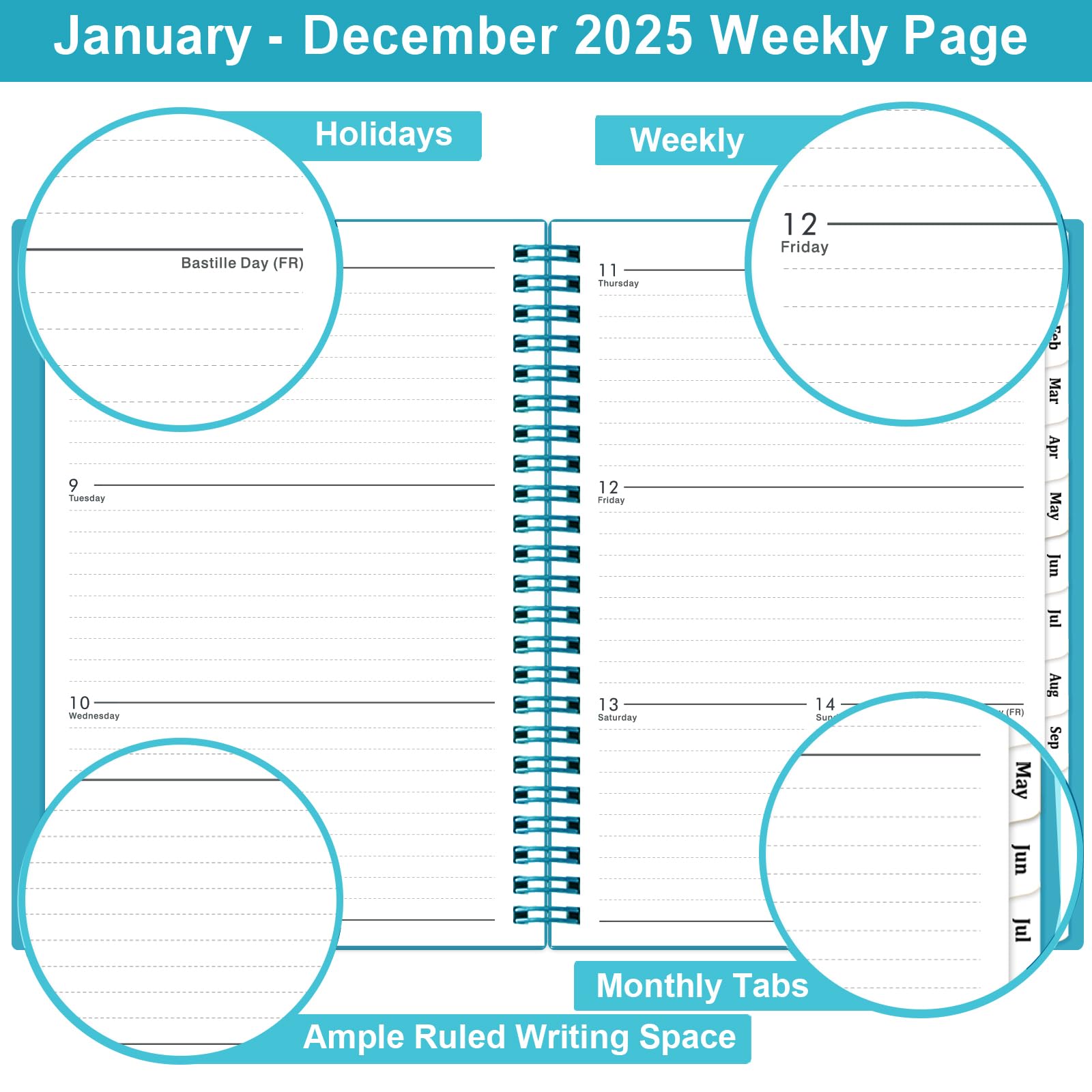 2025 Planner - Weekly & Monthly Organizer with Tabs, 6.25