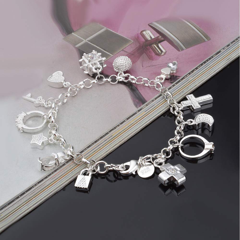 Aeora S925 Sterling Silver 13-Piece Charm Bracelet for Women - Elegant Gift for Her, Trendy Jewelry for Everyday Wear & Special Occasions