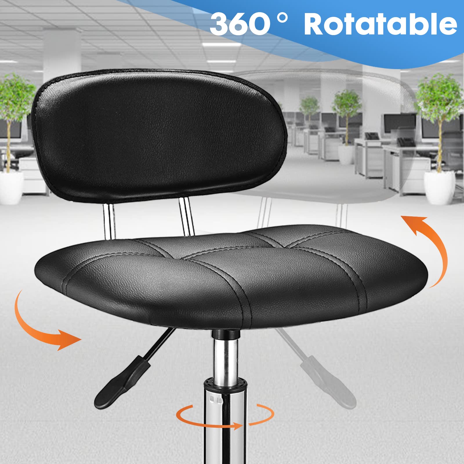 Adjustable Height Square Rolling Stool with Backrest & Wheels - Ergonomic Swivel Chair for Office, Salon, Kitchen & Home Use - Black