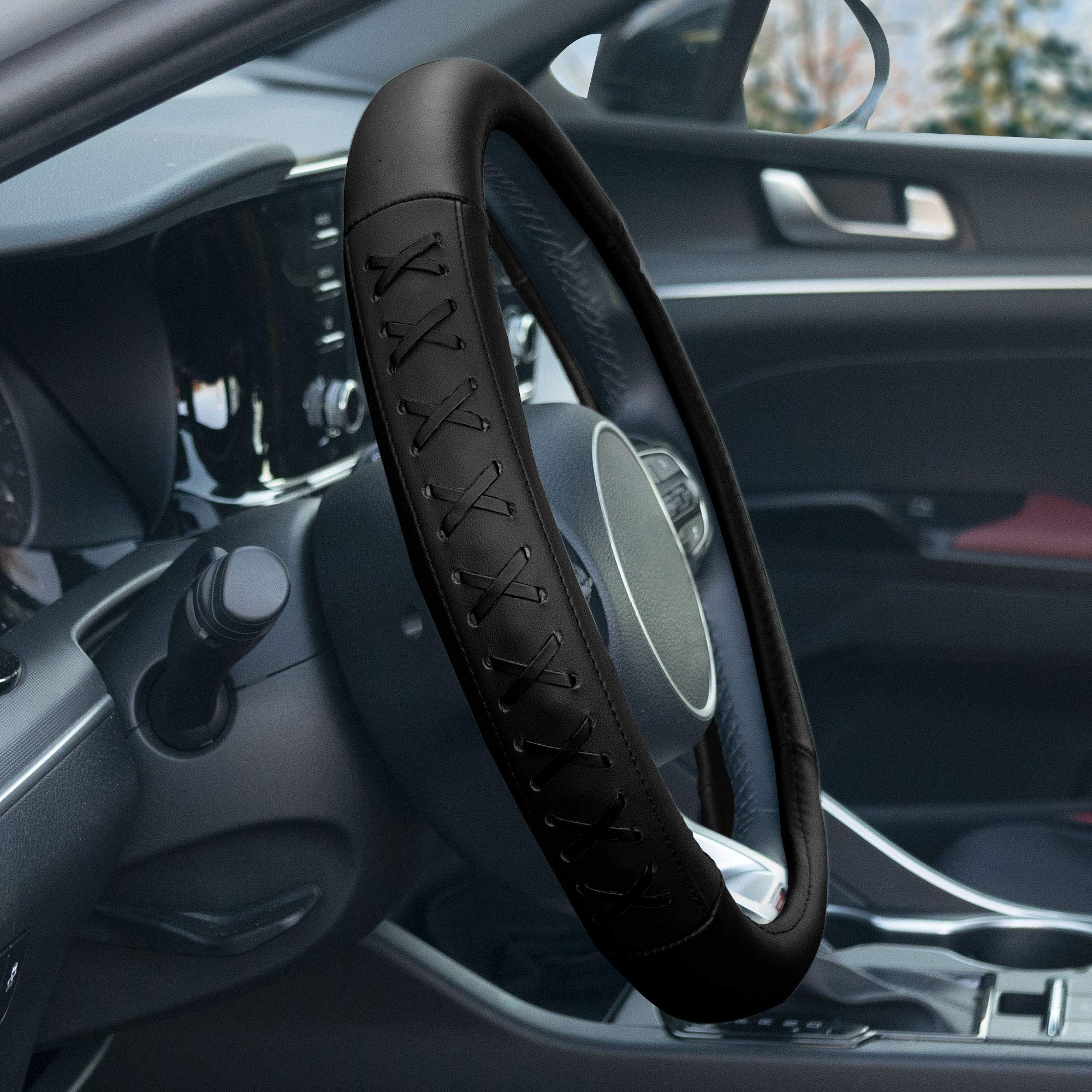 TLH Universal Black 15 Inch Genuine Leather Steering Wheel Cover with Lace-Up Detailing - Non-Slip Grip for Cars, Trucks & SUVs - Perfect for Driving Comfort & Vehicle Protection
