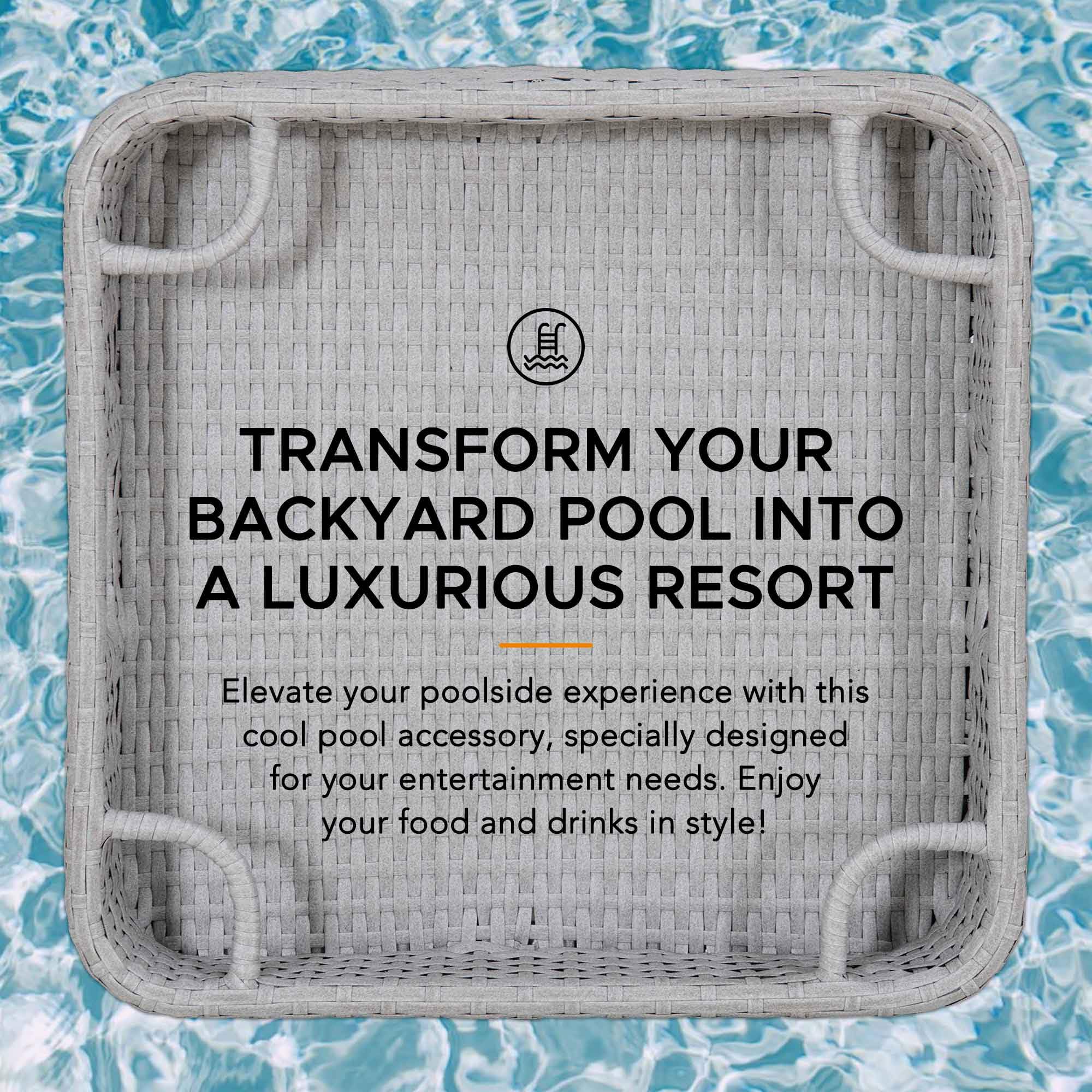 Sunjoy 24x24 Inch Floating Pool Tray with Aluminum Frame - Durable Wicker Design for Drinks, Snacks & Essentials - Fits Most Swimming Pools - Perfect for Pool Parties, Relaxation & Summer Fun - Grey
