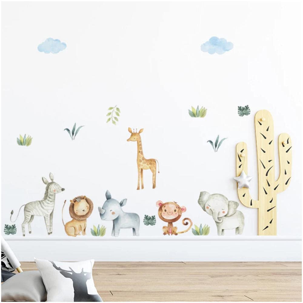 Colorful Watercolor Safari Animal Wall Decals - Jungle Theme PVC Stickers for Kids Room & Nursery Decor (60x90cm) - Perfect for Baby Bedrooms, Playrooms & Living Room Wall Art