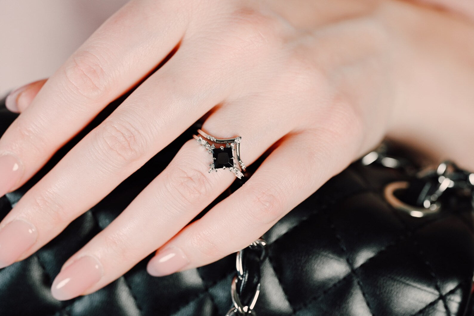 14K/18K White Gold Princess Cut Black Onyx Engagement Ring Set - Elegant Wedding Band for Women, Perfect Proposal Gift & Anniversary Jewelry