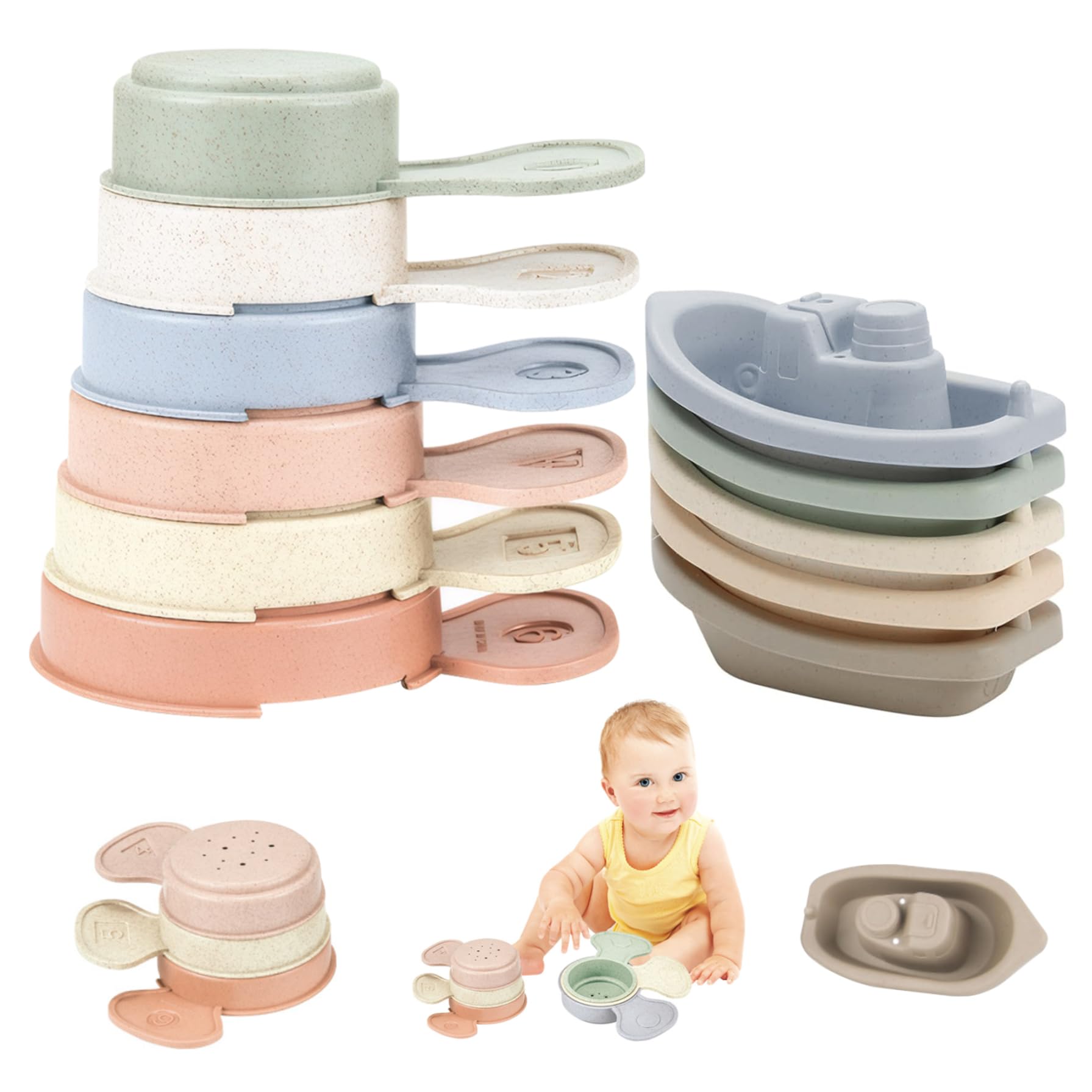 Best Pool Toys for Toddlers Age 1-5 - 11Pcs Bath Toy Set with 6 Floating Boats & 5 Stackable Bathing Cups | Fun Water Play for Baby 6+ Months | Perfect for Bathtime, Swimming Pools & Outdoor Summer Activities