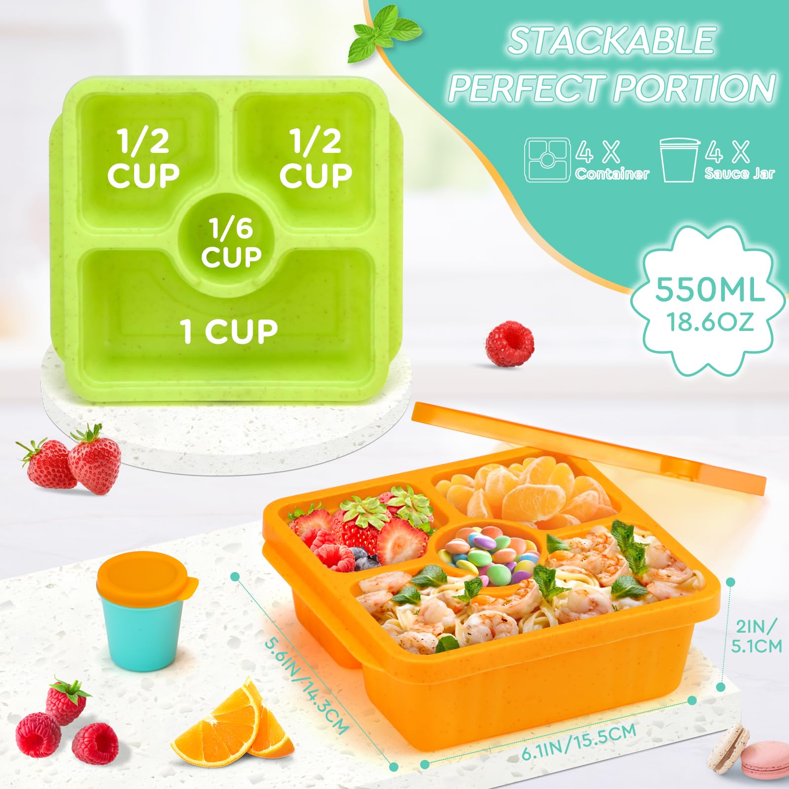 QQKO 4-Pack Bento Box for Adults & Kids - Reusable Divided Lunch Containers with Lids & Sauce Cups - Stackable Meal Prep Food Storage Containers - Perfect for School, Office, Picnics & Travel