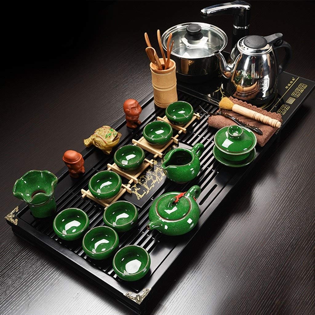 Premium Chinese Kung Fu Tea Set with Solid Wood Tea Tray - Complete Ceremonial Tea Service with Automatic Water Heater, Tea Cups & Drainage System | Perfect for Tea Ceremonies, Home Decor & Zen Meditation Spaces
