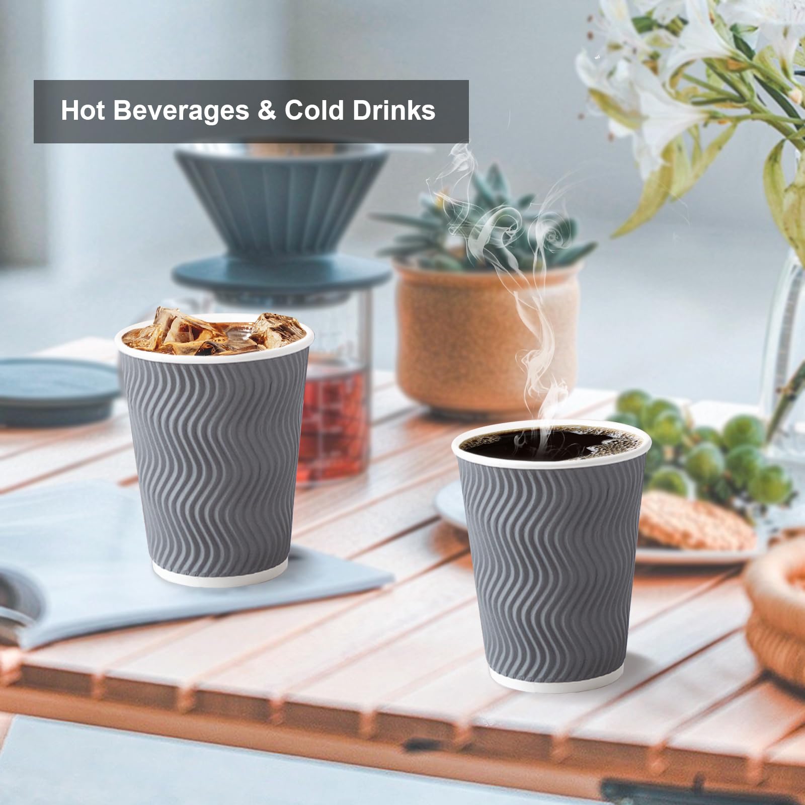 Lamosi 500 Count 12 oz Insulated Disposable Paper Coffee Cups Bulk - No Lids, Corrugated Ripple Wall Design for Hot Beverages (Grey) - Perfect for Coffee Shops, Offices, Catering & Events