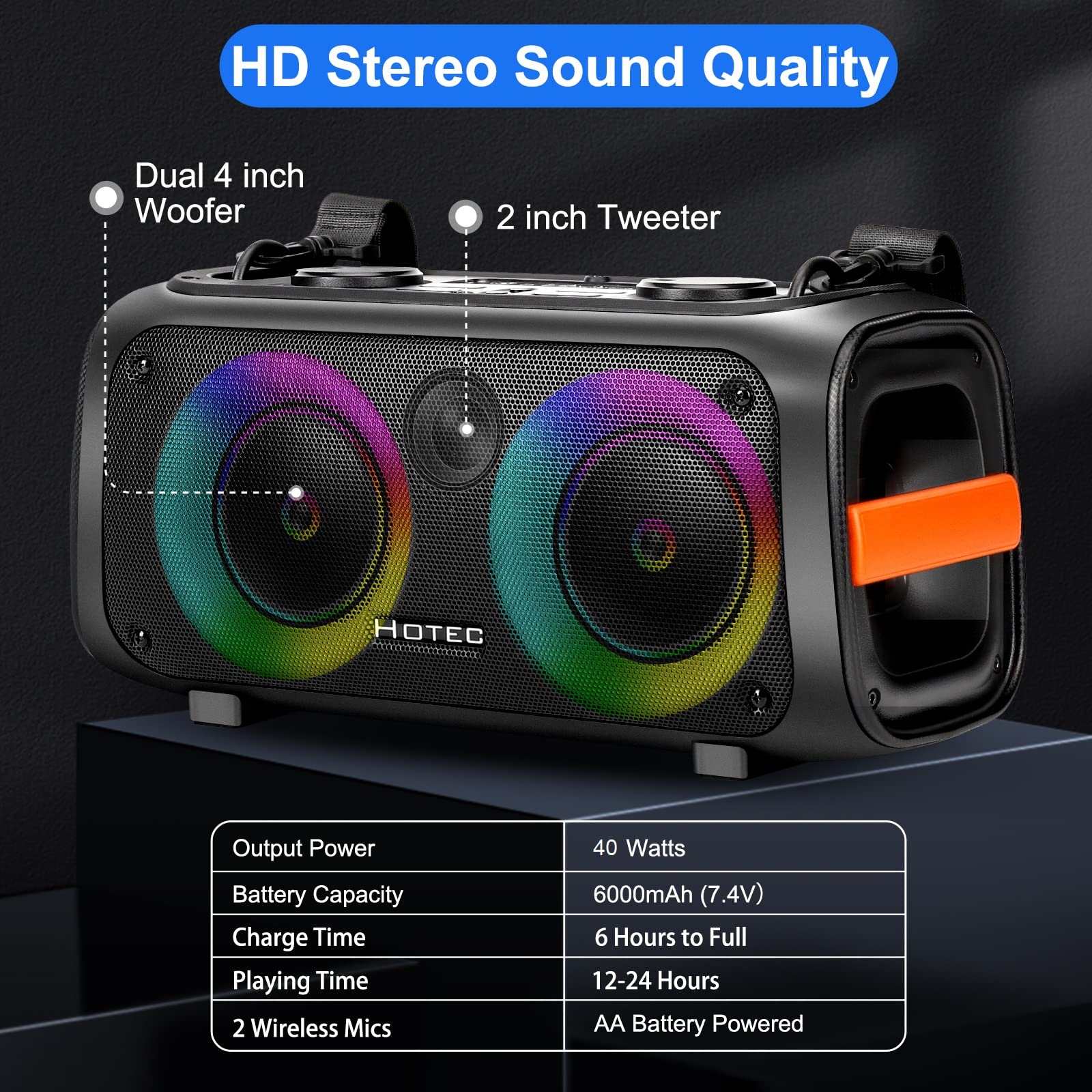 Hotec Portable Bluetooth Karaoke Machine with 2 Wireless Microphones - PA Speaker for Adults & Kids, LED Party Lights, TF/USB/AUX Input, TWS & Recording Function - Perfect for Home Parties, Outdoor Gatherings & Family Entertainment