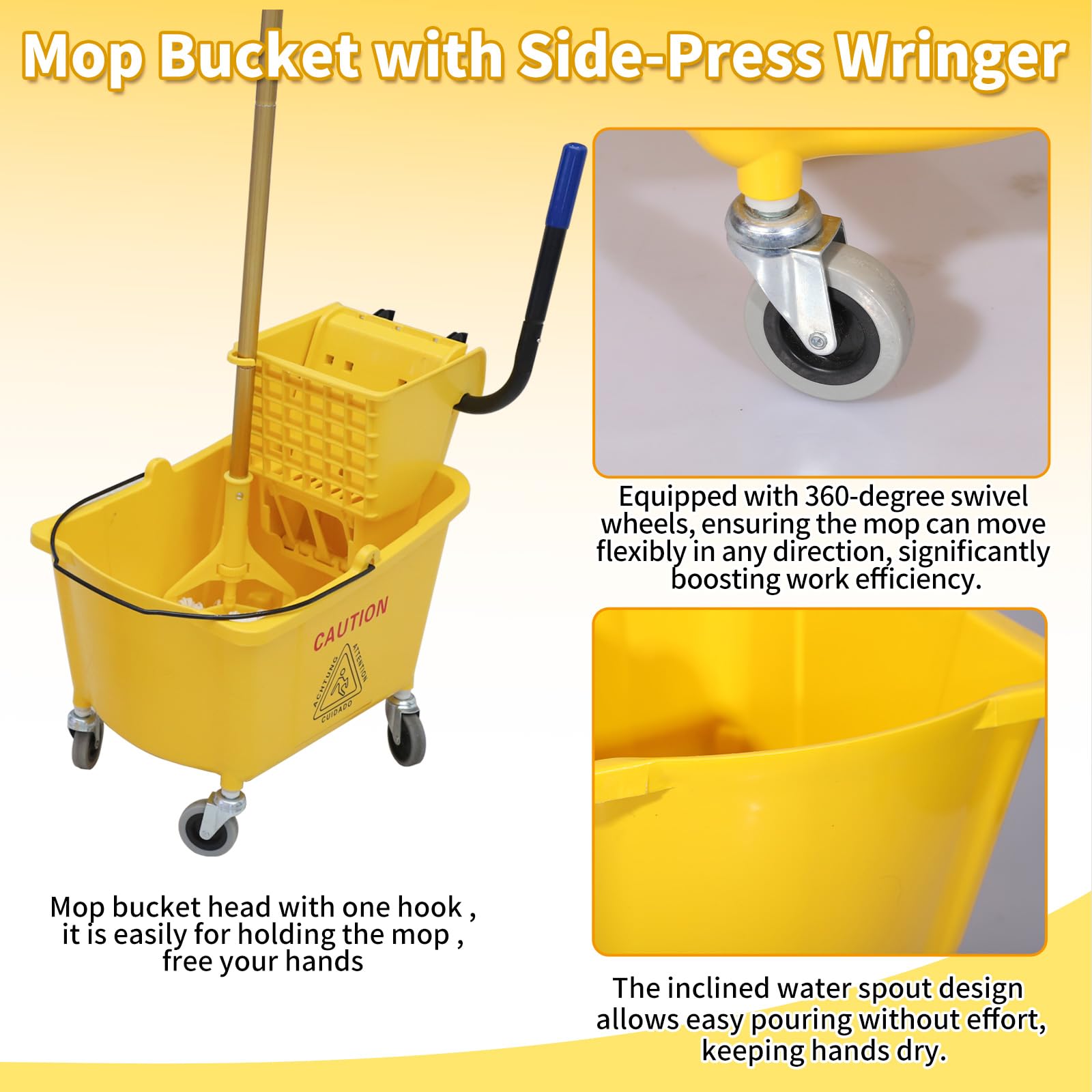 Commercial Mop Bucket with Side-Press Wringer - 35 Quart Heavy Duty Cleaning Bucket for Floors - Yellow Industrial Mop & Bucket Set - Perfect for Janitorial Services, Hospitals & Schools