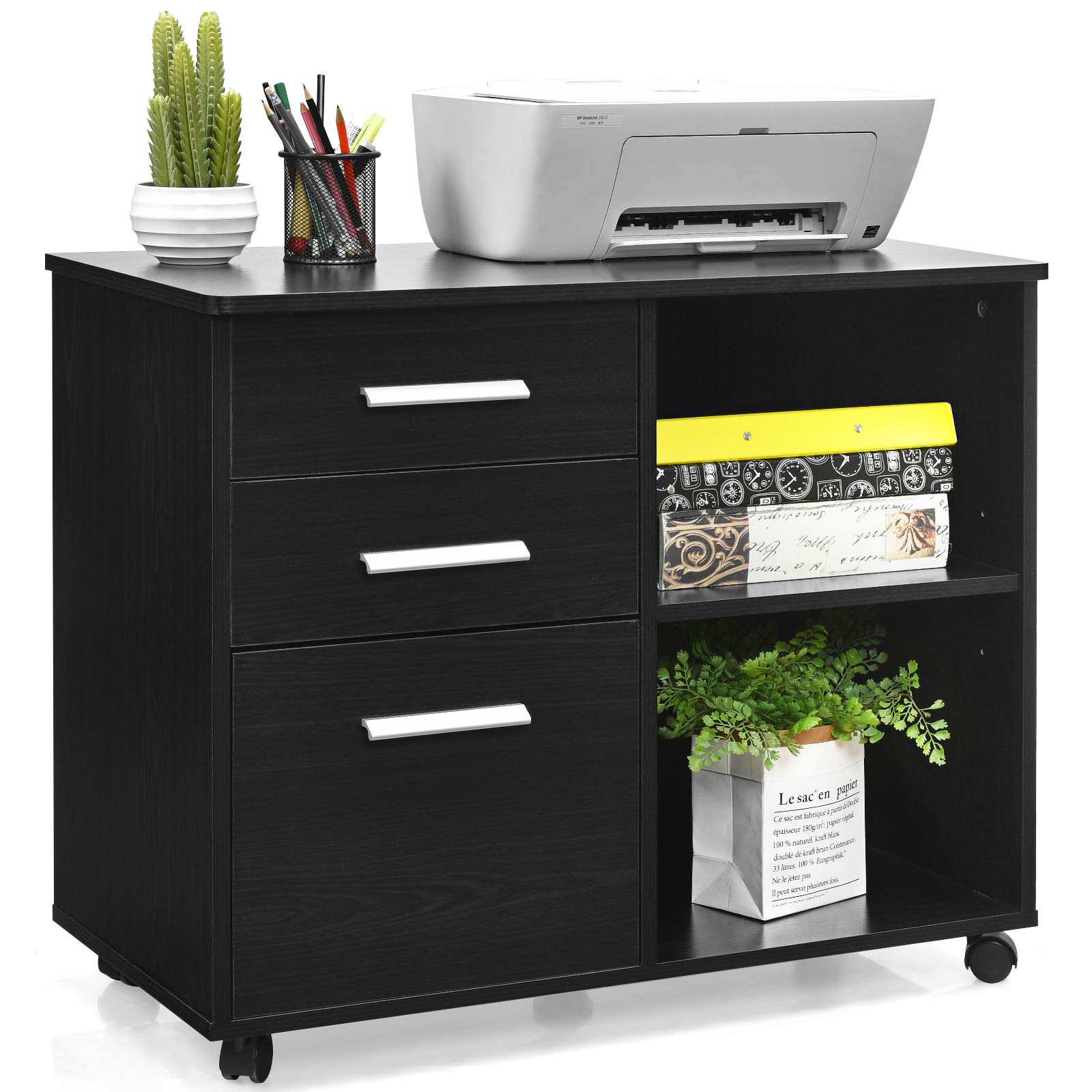 Giantex 3-Drawer Mobile File Cabinet with Wheels - Large Lateral Filing Cabinet & Printer Stand with Open Storage Shelves - Multifunctional Home Office Storage Organizer (Black) - Perfect for Document Management & Workspace Organization