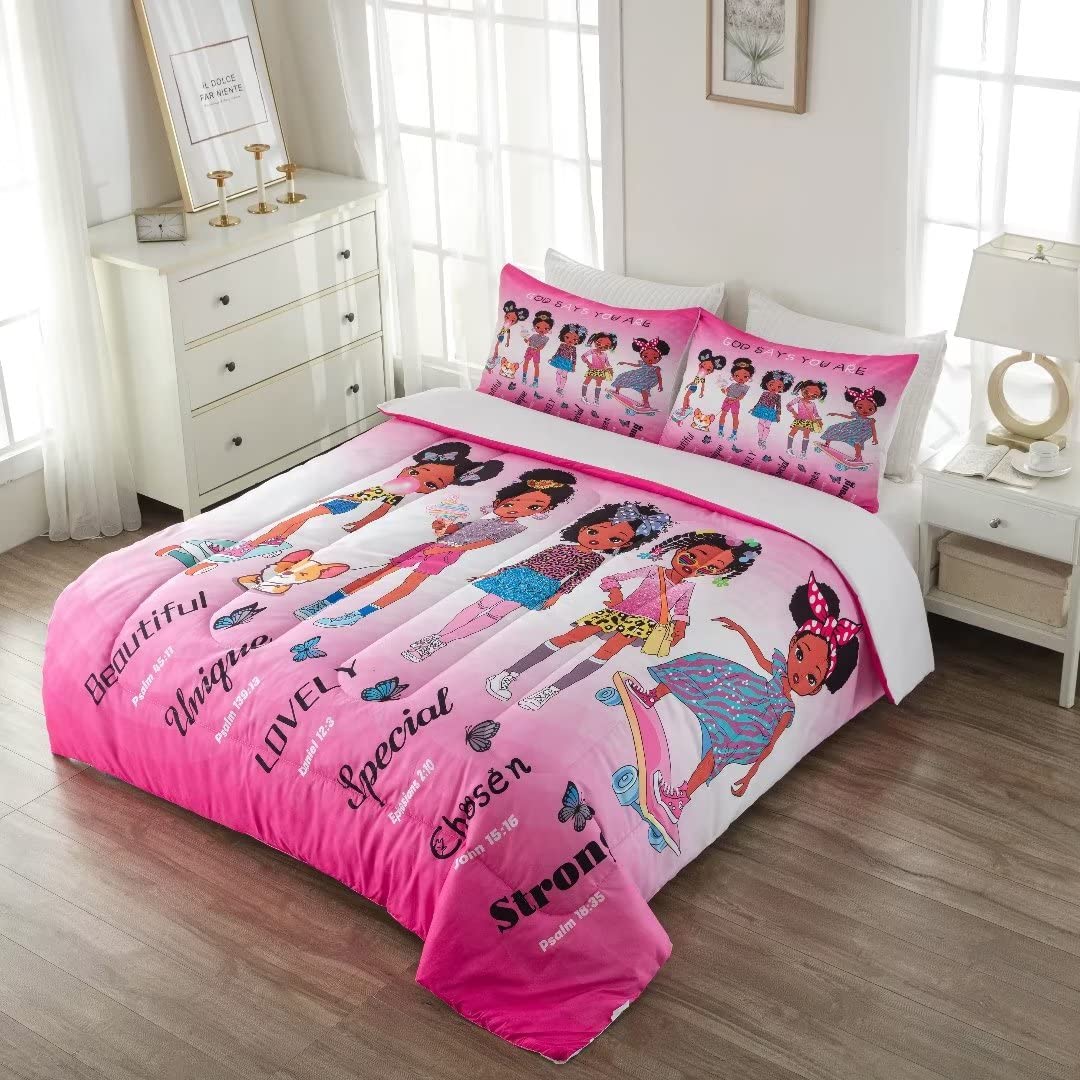 Black Girl Magic Comforter Set Queen Size for Kids & Teens - African American Inspirational Bedding Set with Motivational Quotes | Perfect for Toddler Rooms, Teen Bedrooms & Princess Themed Decor