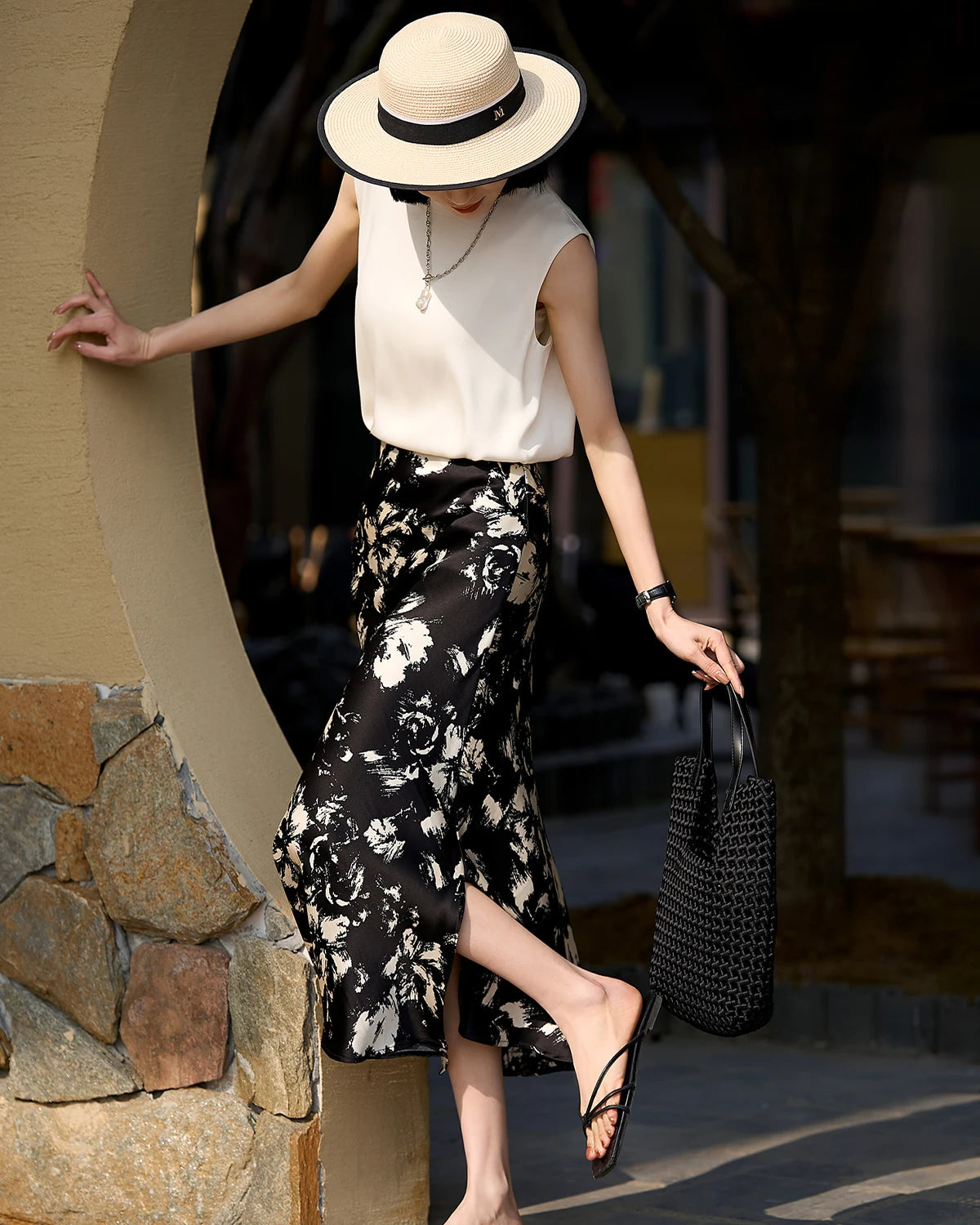 Elegant Black and White Floral Silk Skirt for Women - Summer Party Dress, Wedding Guest Outfit & Office Wear