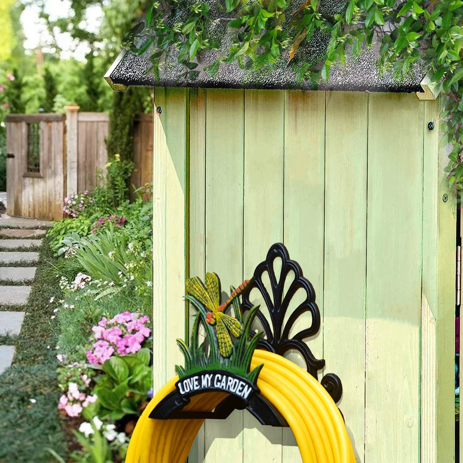 Heavy Duty Cast Iron Garden Hose Holder - Wall Mounted Hose Hanger for 50FT 75FT 100FT Water Pipe Storage | Decorative Dragonfly Design | Perfect for Yard, Lawn, and Outdoor Watering Organization