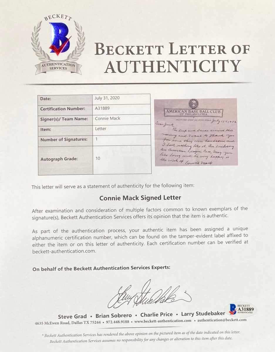 Authentic Connie Mack Philadelphia Athletics Signed Handwritten Letter BAS A31889 with COA - Perfect for Baseball Memorabilia Collectors & Sports Fans Display