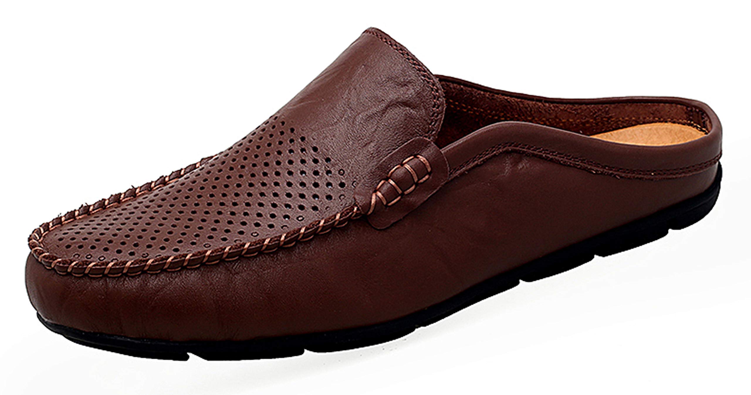 Go Tour Men's Mules Clog Slippers - Breathable Leather Slip-On Loafers with Punching Design for Casual Wear | Perfect for Home, Office & Outdoor Comfort