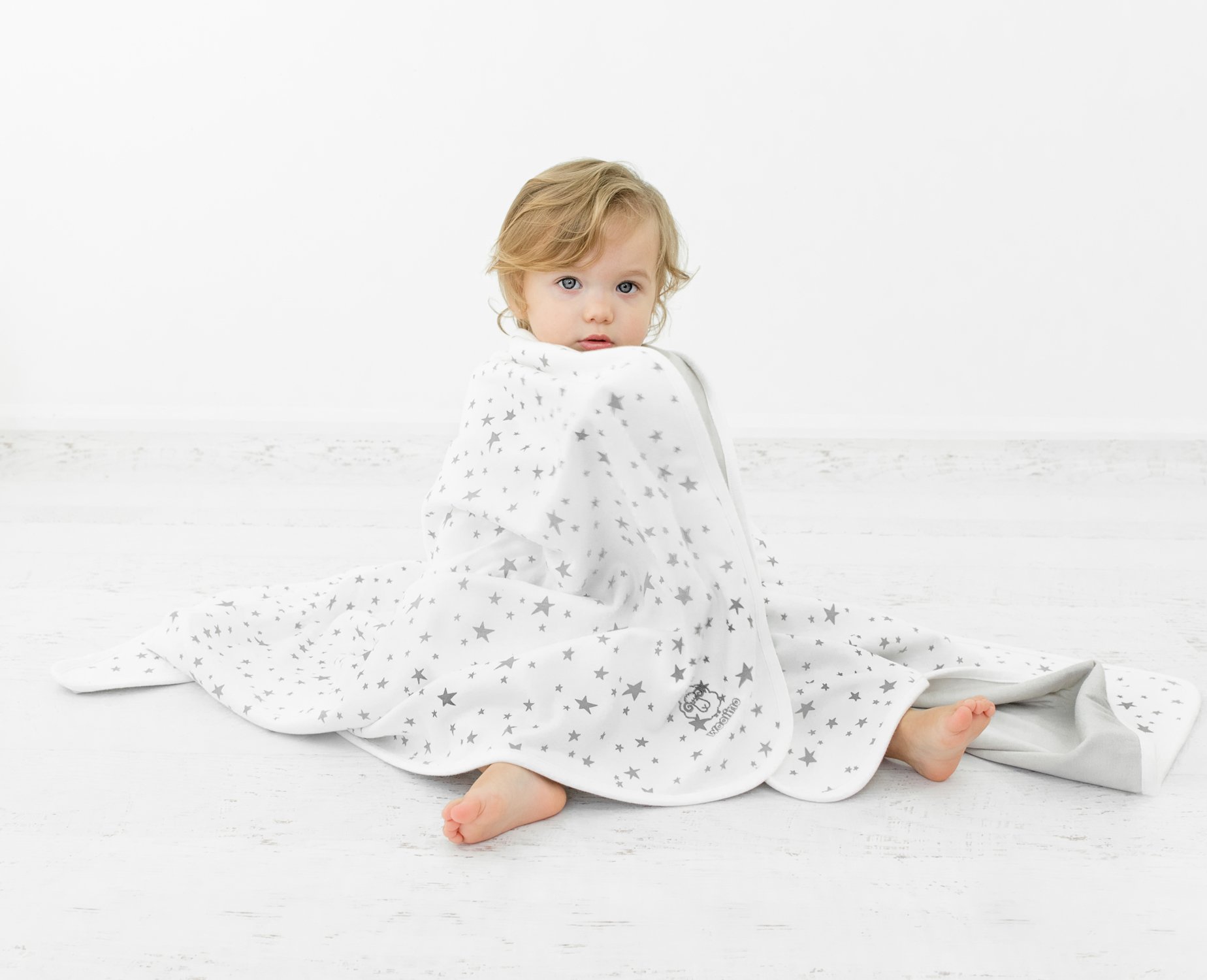 Woolino Toddler Blanket - 100% Merino Wool & Organic Cotton Baby Blanket for Boys & Girls - 4 Season Soft & Breathable Blanket 52.5” x 40” - Gray Stars Design - Perfect for Nursery, Stroller & Travel