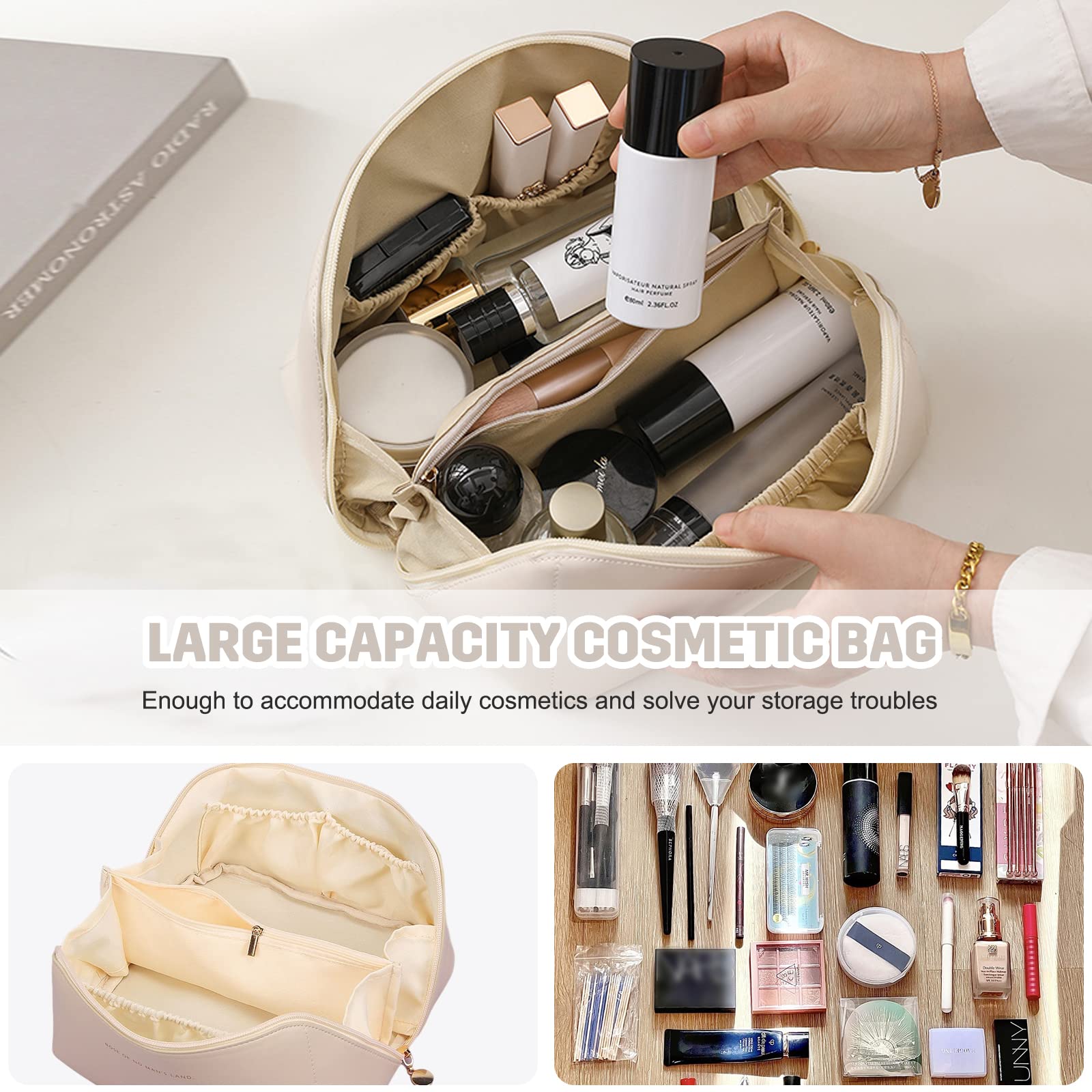 Large Waterproof Travel Cosmetic Bag for Women - Portable Makeup Organizer with Handle & Gold Zipper, Multiple Compartments, Milk White | Perfect for Air Travel, Gym, Beach & Daily Use