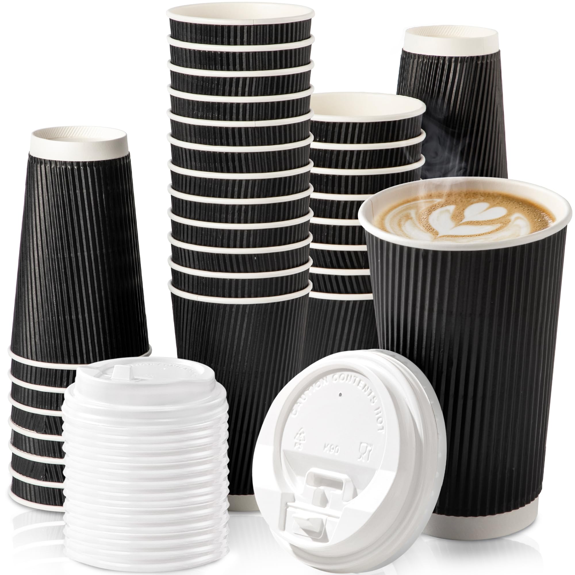 50 Pack 16oz Black Disposable Coffee Cups with Lids & Stirrers - Triple Wall Insulated Hot Beverage Travel Cups for Coffee, Tea, Hot Chocolate - Perfect for Office, Home, Commuting & Cafes (White Lids) - Eco-Friendly Corrugated Paper To-Go Cups